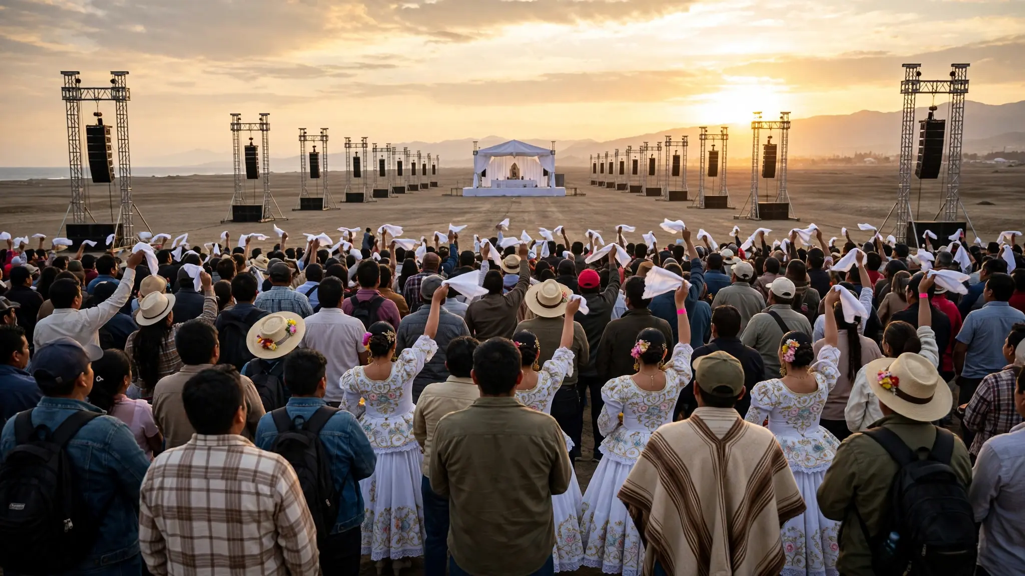 Llanura costera de Chiclayo al atardecer con un altar al aire libre a lo lejos y bailarines de marinera con pañuelos blancos
