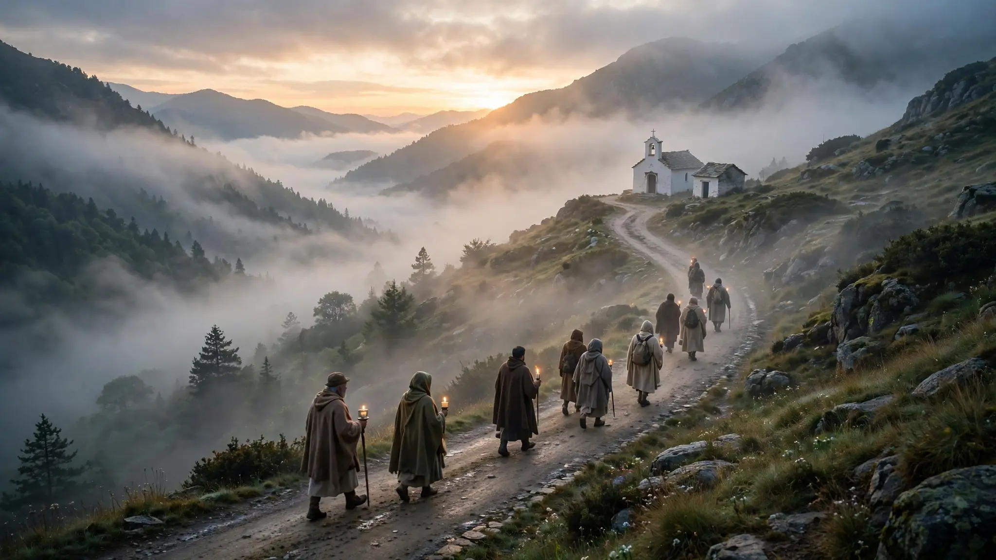 Peregrinos al amanecer en un camino de montaña de los Andes venezolanos hacia una pequeña capilla blanca, con velas y flores