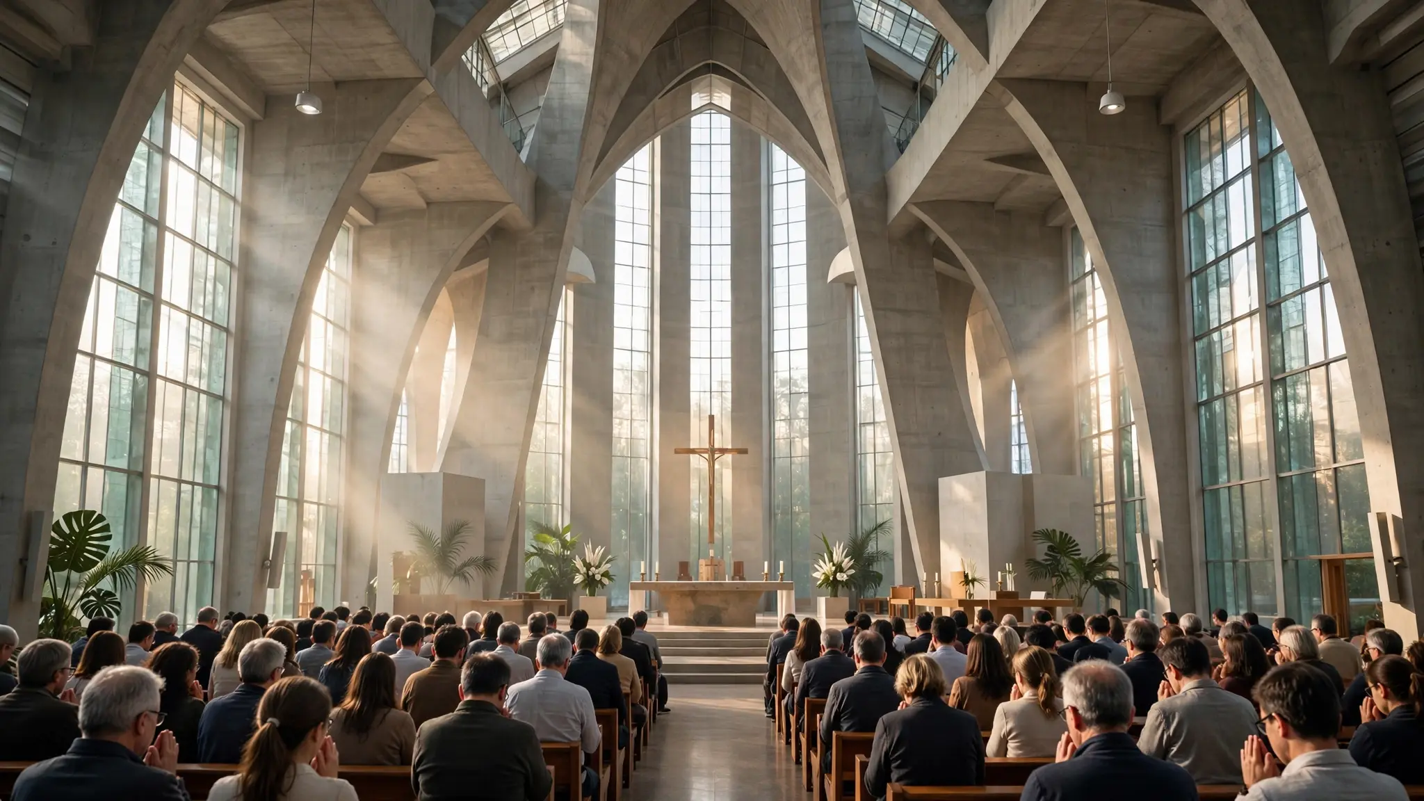 Interior de uma grande catedral brasileira com fiéis orando de costas, sob luz suave pelas janelas altas