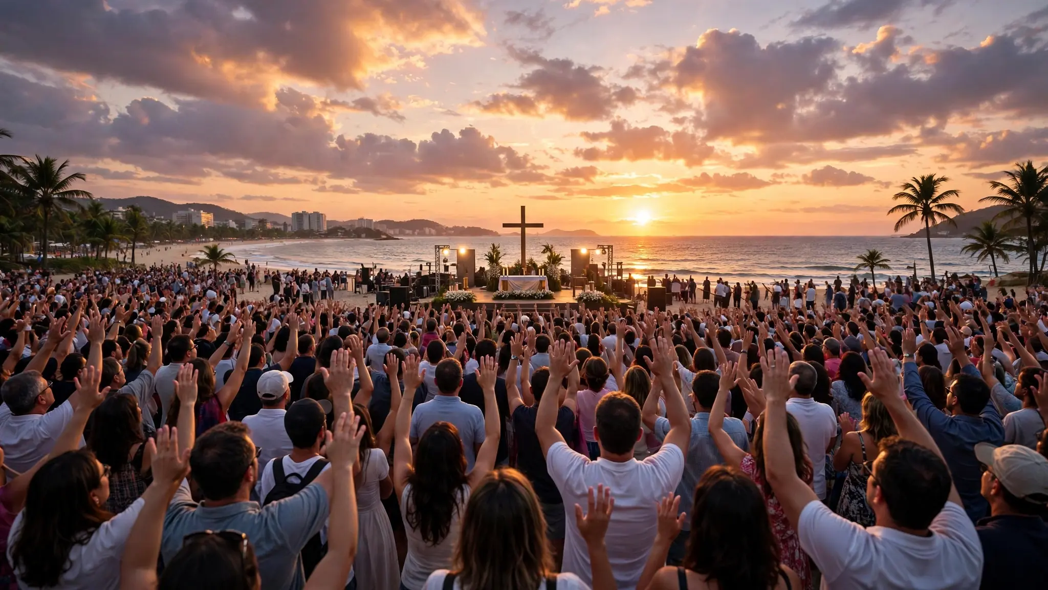 Multidão de costas com as mãos erguidas ao pôr do sol na orla de Fortaleza, com um palco ao longe e o mar ao fundo