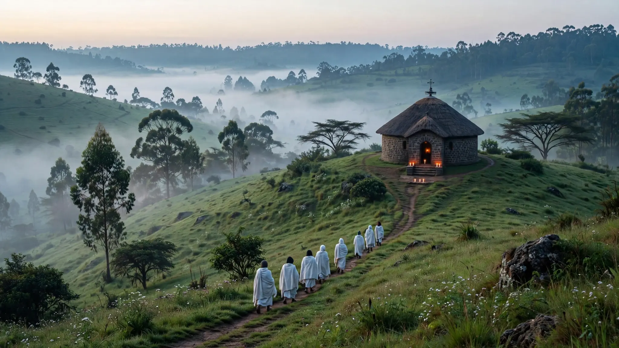 An Ethiopian Orthodox church in the highlands at dawn, with worshippers walking toward the church in the mist
