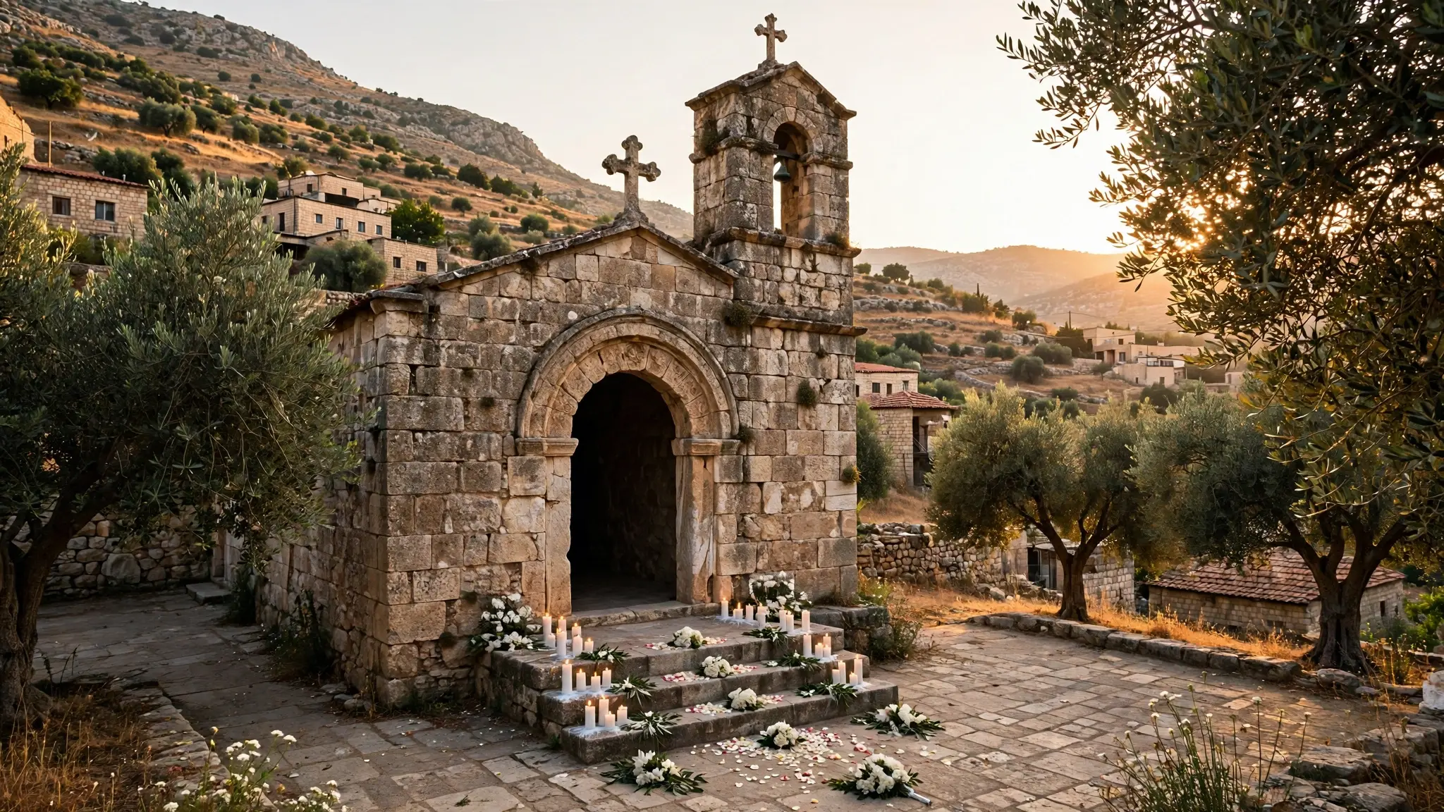 A stone church in a Jordanian hill village at golden hour, with candles and flowers on its steps