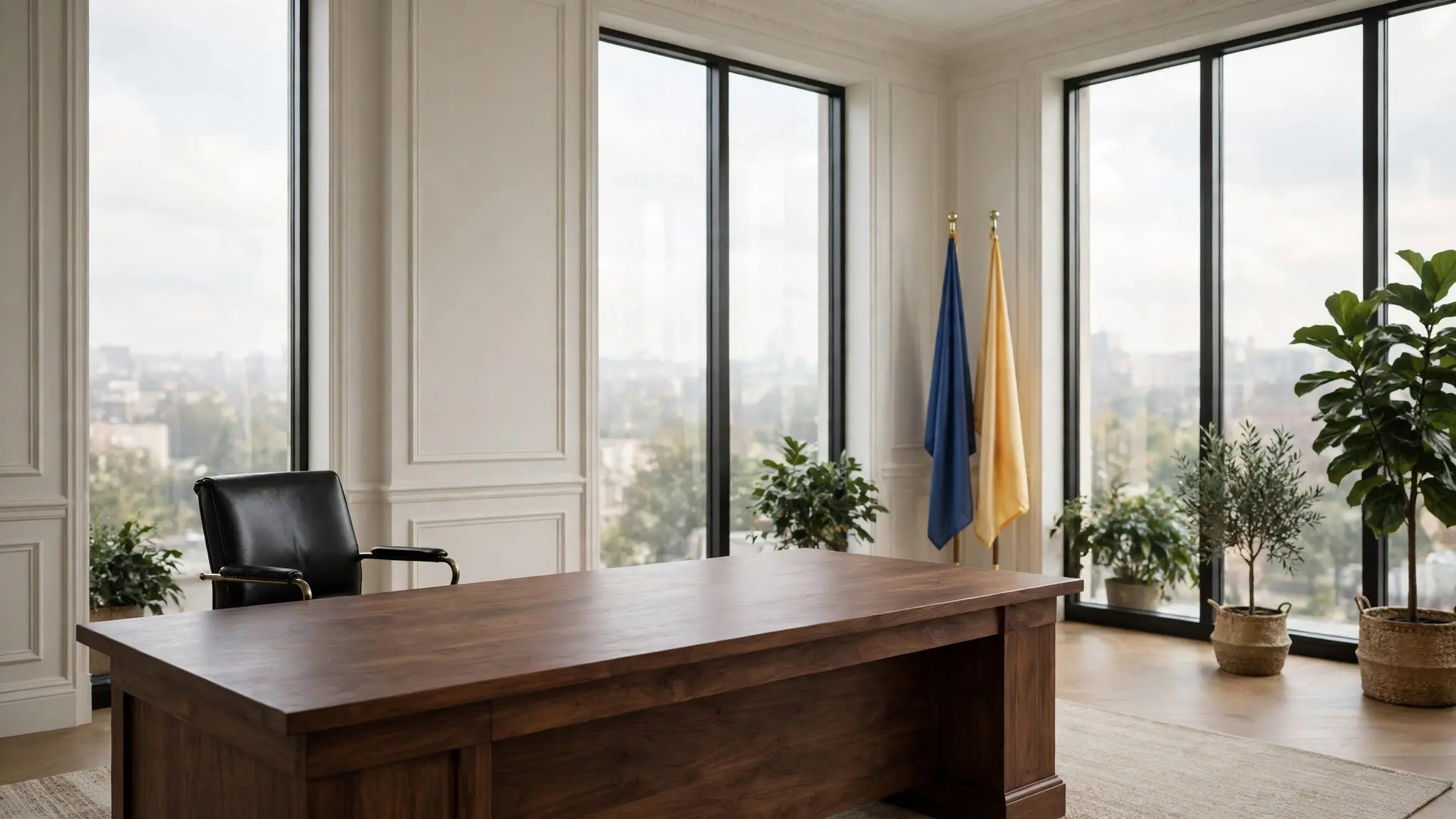 An empty elegant office interior with a large wooden desk, tall windows and flags in the corner