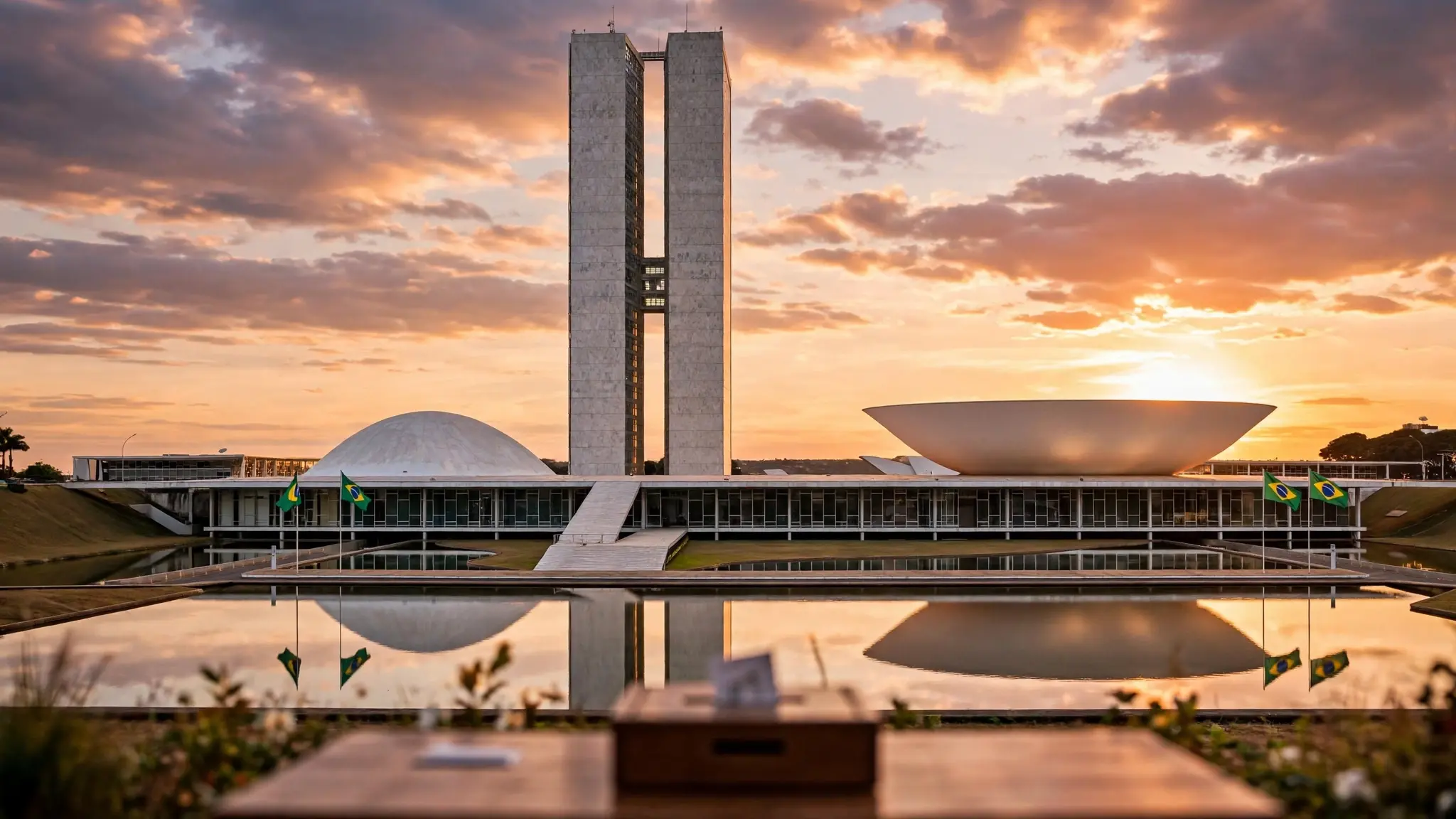 The National Congress building in Brasilia at sunset, with Brazilian flags waving