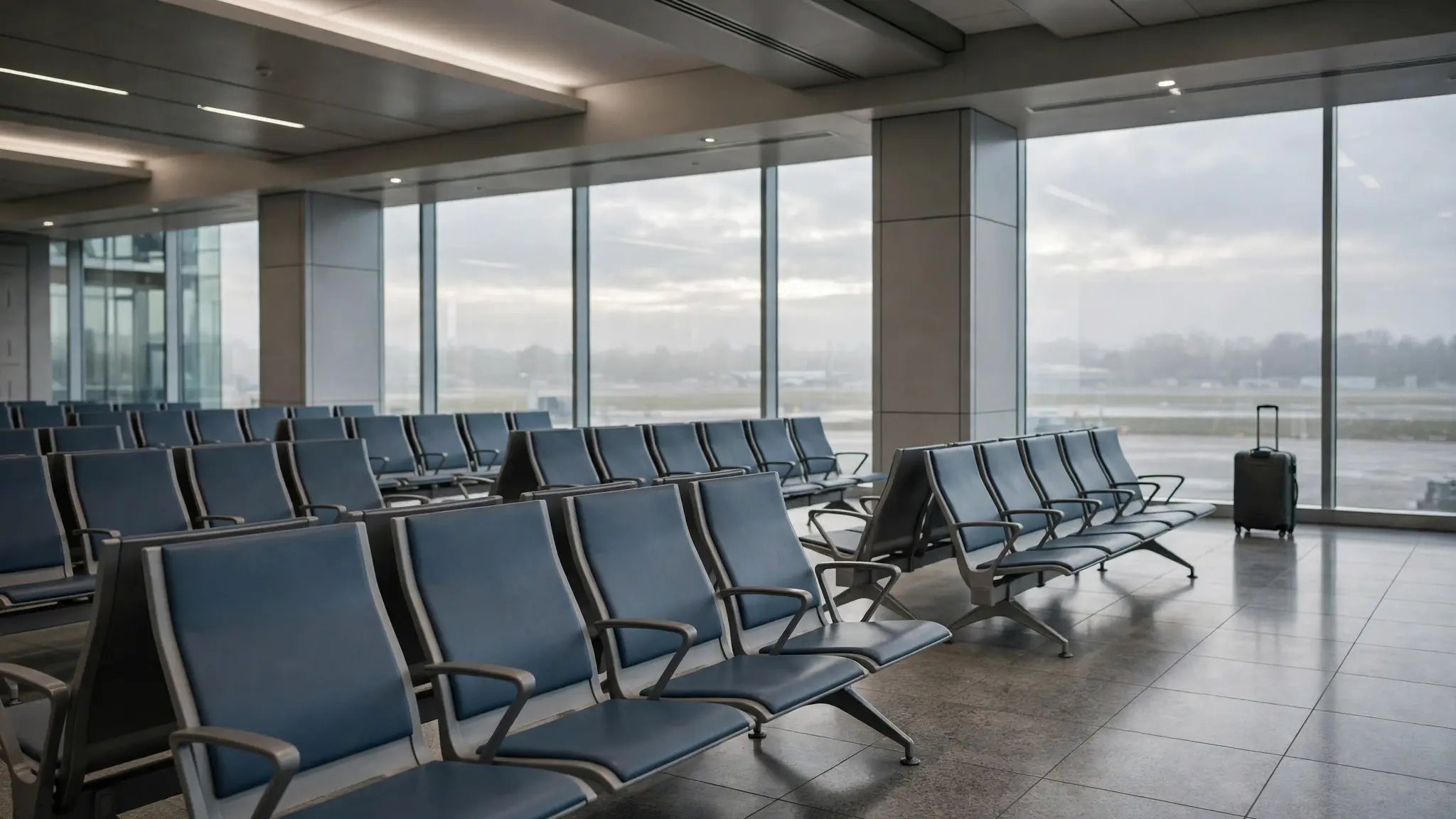 An empty airport departure hall in the early morning, with rows of empty seats and a single suitcase