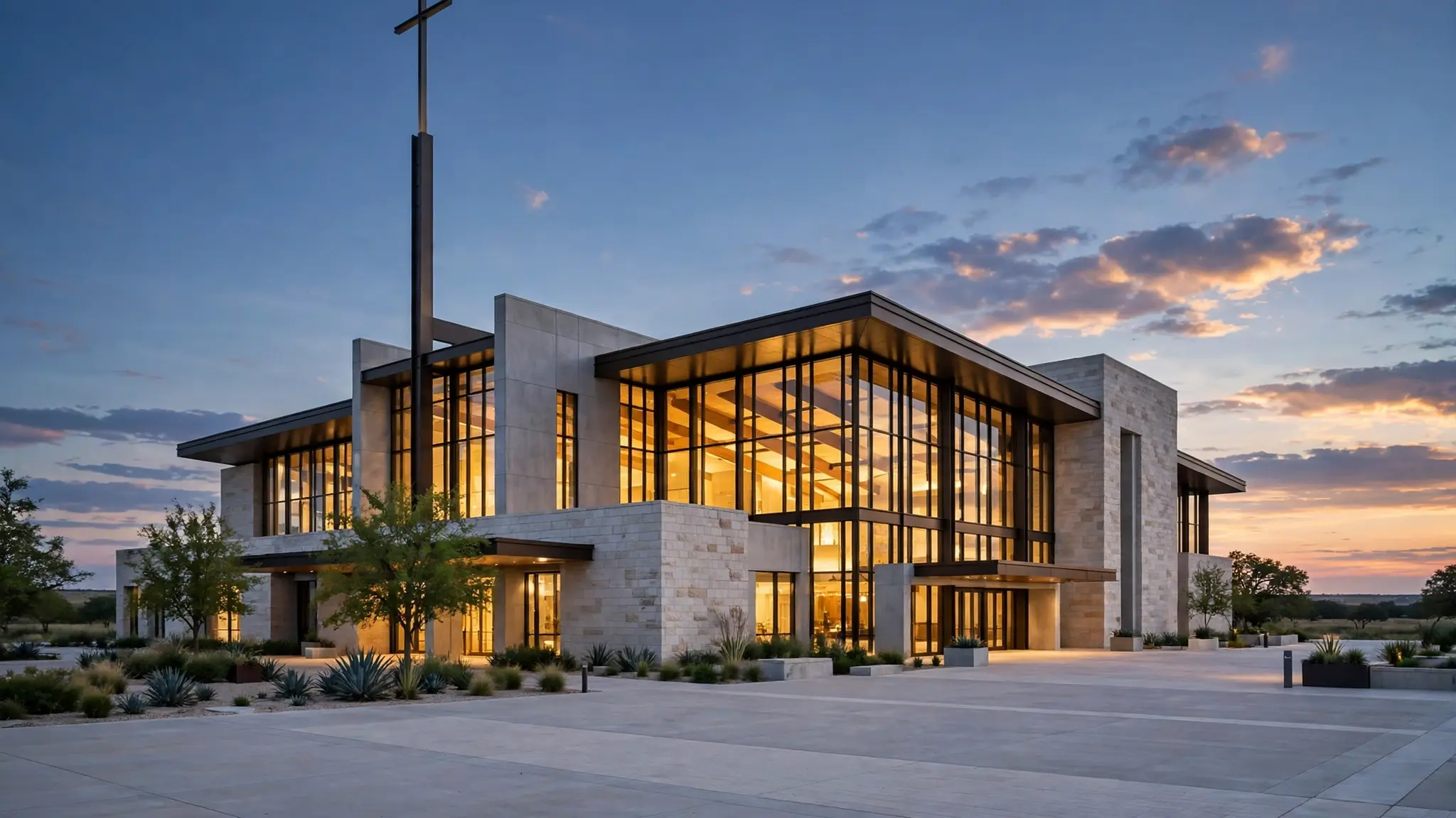 A large modern Texas church building exterior at dusk, with a tall cross and warm light in the windows
