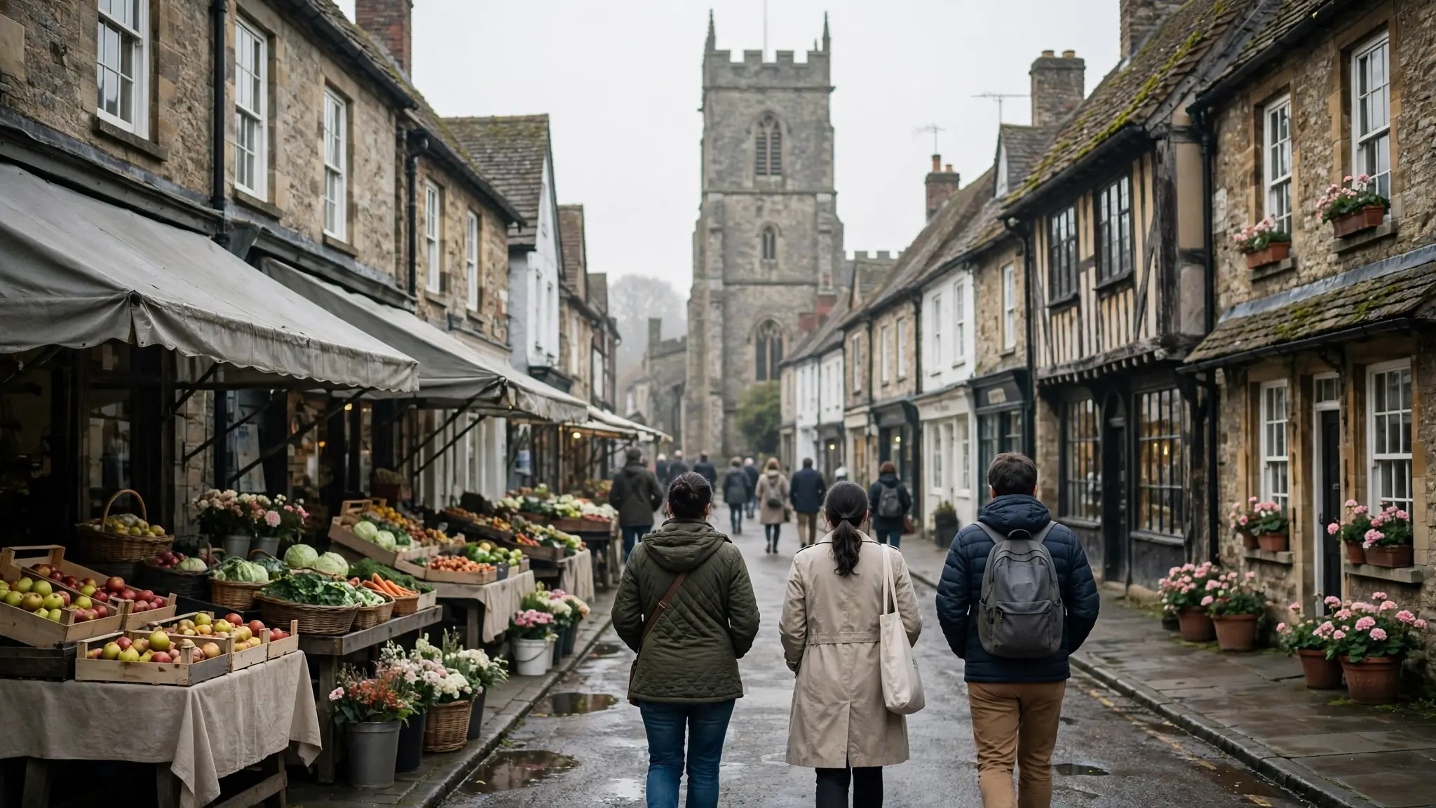 An English market town high street in the morning, with a historic church tower in the background