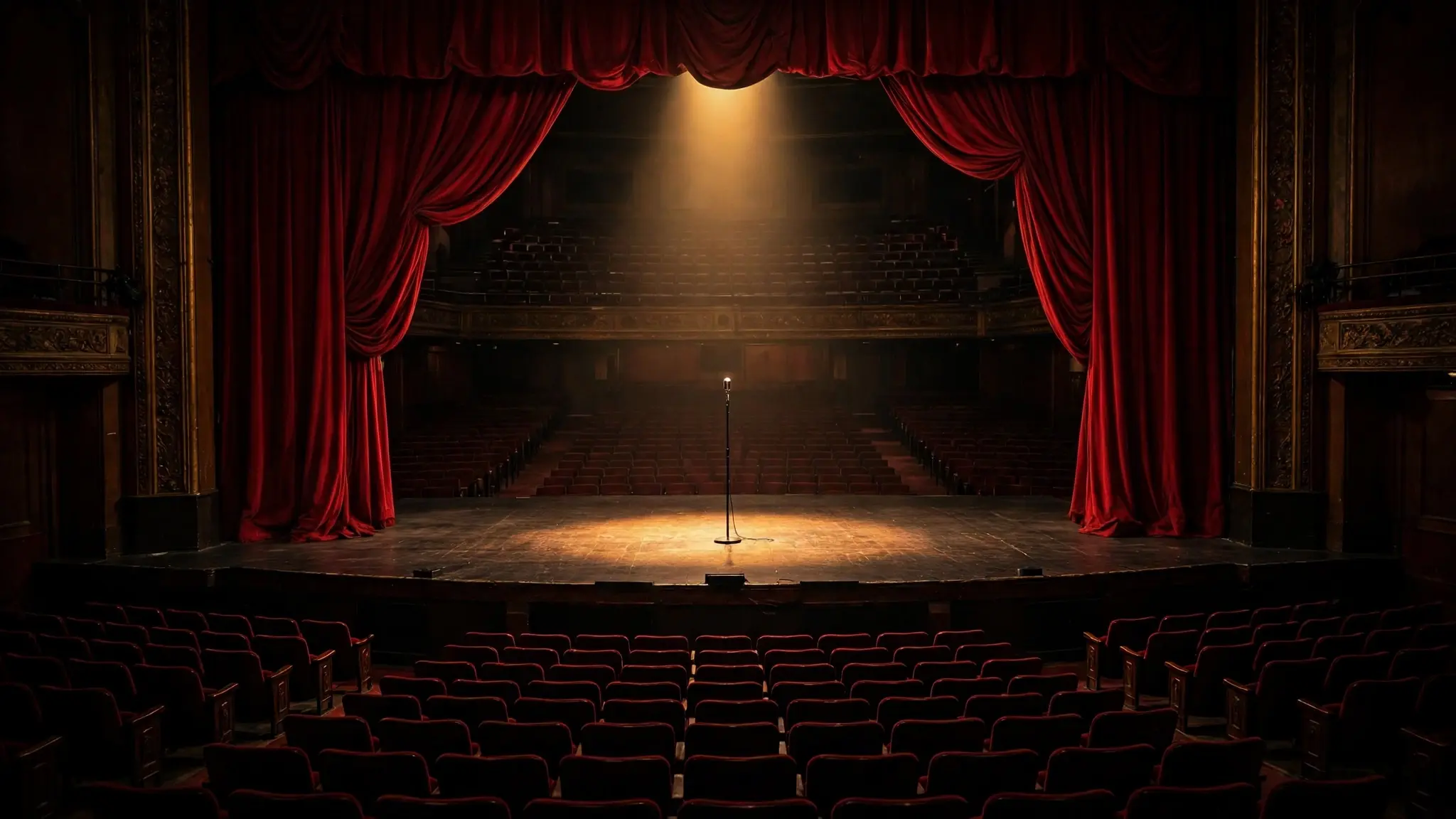 An empty Broadway theatre stage with a single microphone stand under a warm spotlight
