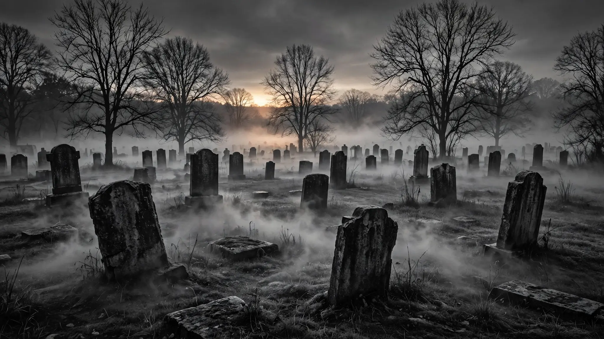 An old cemetery at dusk with weathered gravestones, bare trees and low fog