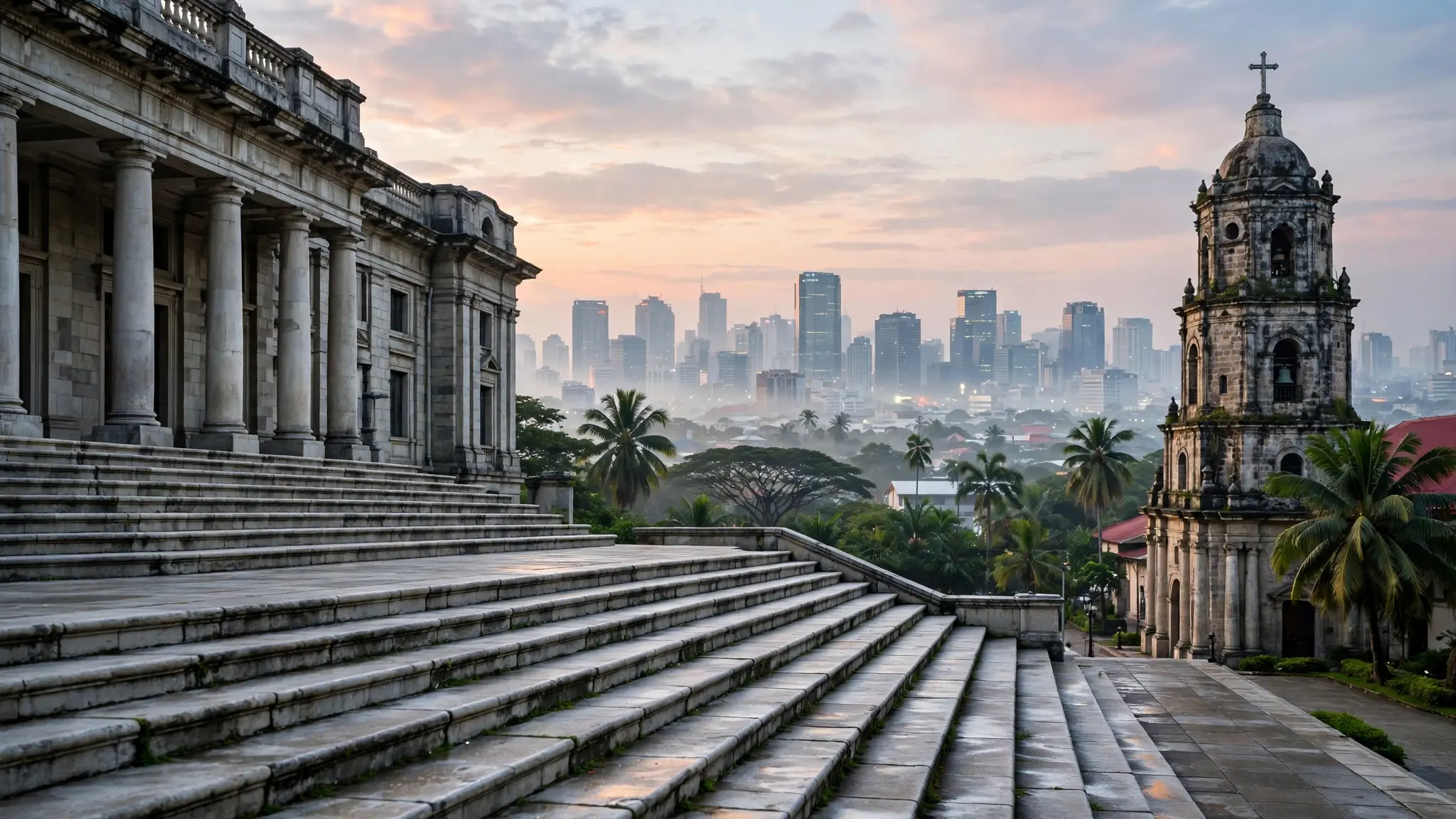 A Philippine city skyline at dawn with a church tower and empty courthouse steps in the foreground