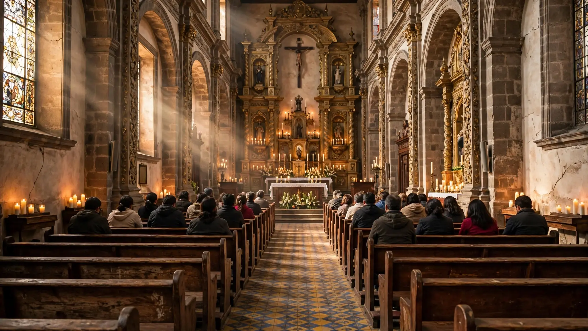 Interior de una iglesia de la Ciudad de México con luz suave y fieles reunidos, con teléfonos guardados durante la oración