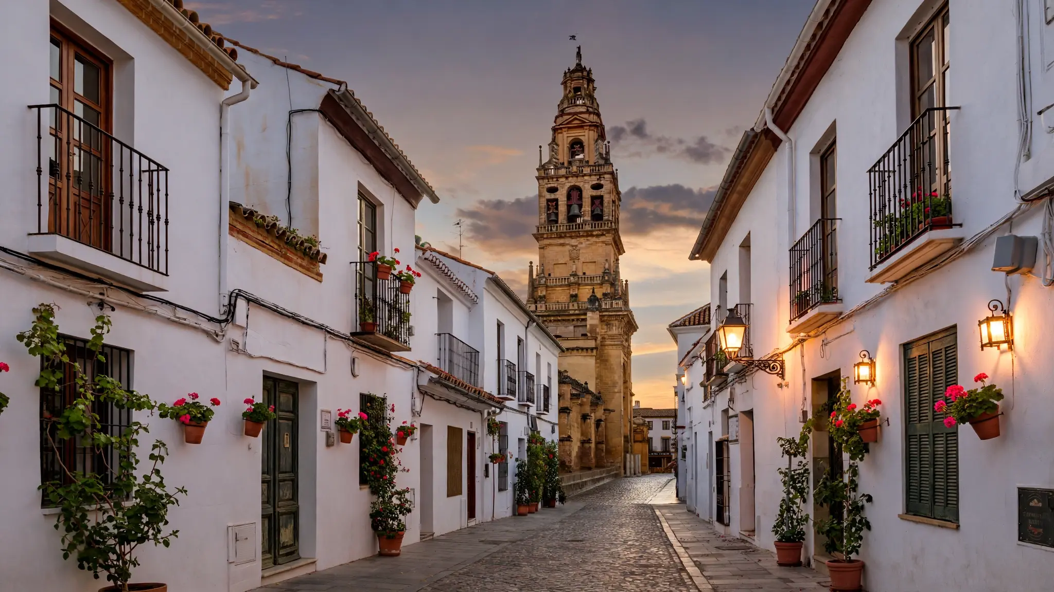 Calles de Córdoba al atardecer con la torre de una iglesia y viviendas andaluzas, sin personas identificables