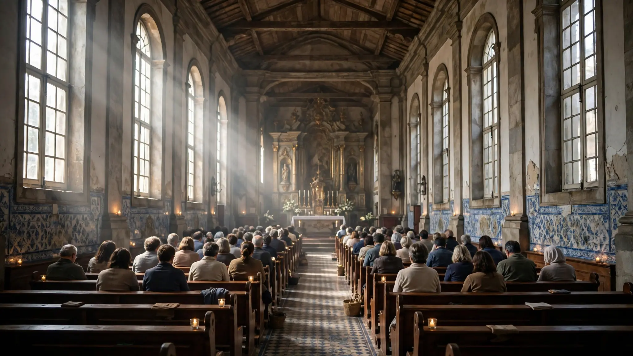 Interior de uma igreja no Brasil com luz suave e fiéis reunidos de costas durante a oração