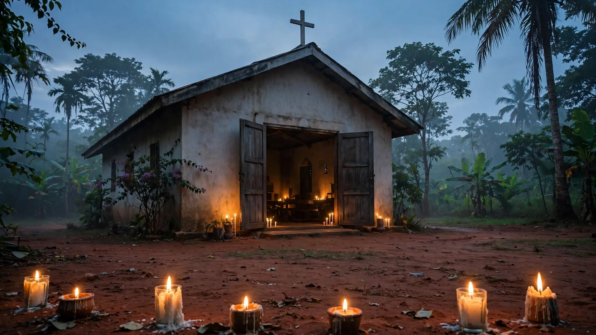 Extérieur d'une église à Lubumbashi au crépuscule, avec des bougies allumées devant la porte, sans personnes identifiables