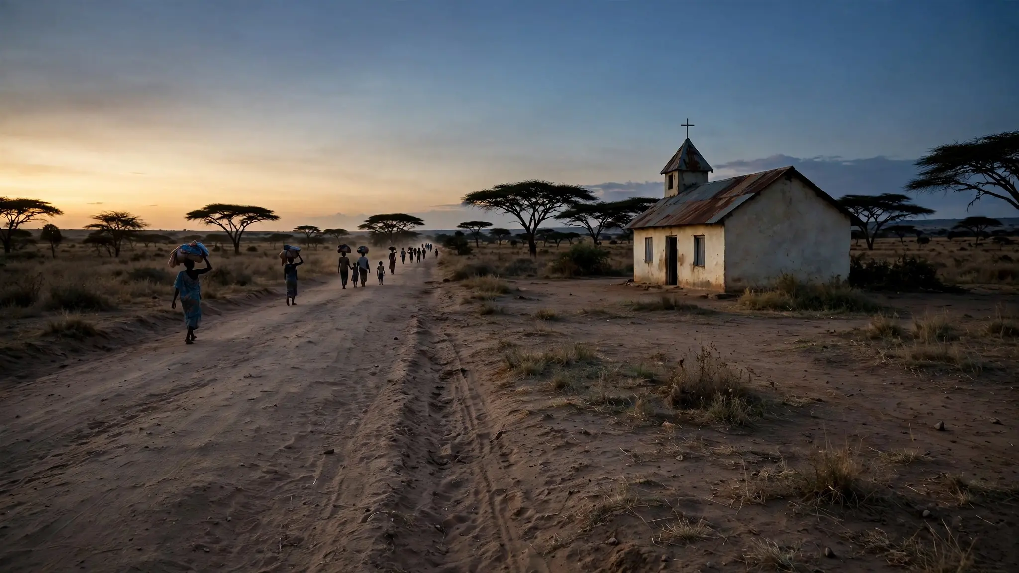 A quiet church building at dusk in sub-Saharan Africa, with families walking along a dusty road carrying their belongings