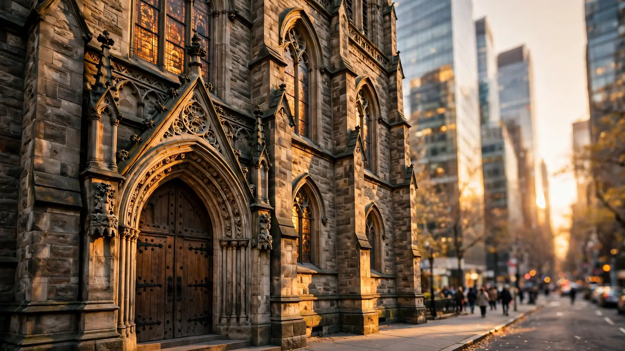 A historic stone Episcopal church on a Manhattan street at golden hour, with modern office towers rising behind it