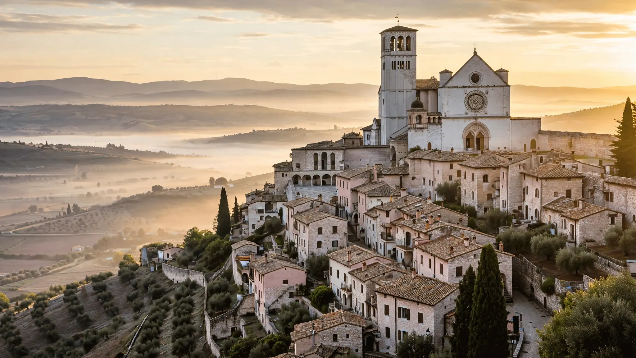 The town of Assisi at sunrise with the Basilica of St. Francis on the hillside, soft morning light over the valley below