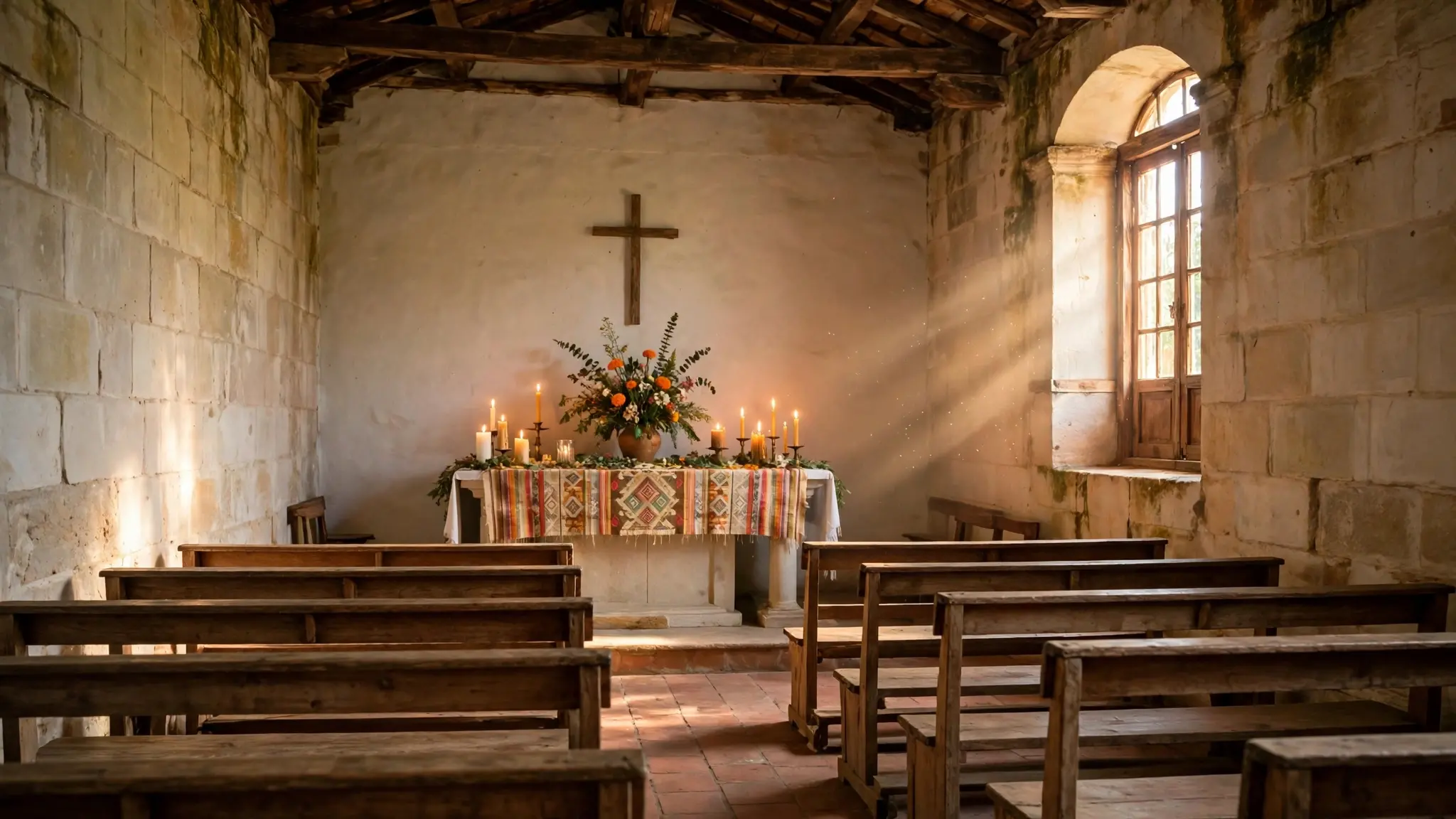 A small Guatemalan cathedral chapel interior with candles burning and soft light falling on an altar