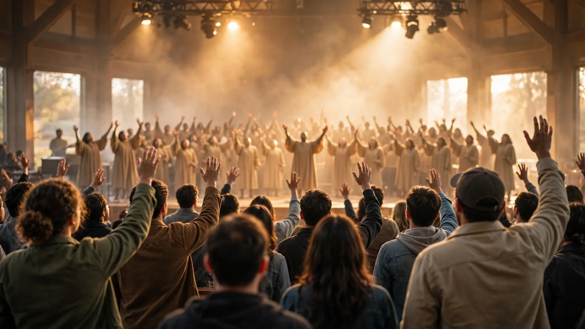A gospel choir singing on a warmly lit stage with raised hands and golden stage lights, an audience worshipping in the foreground