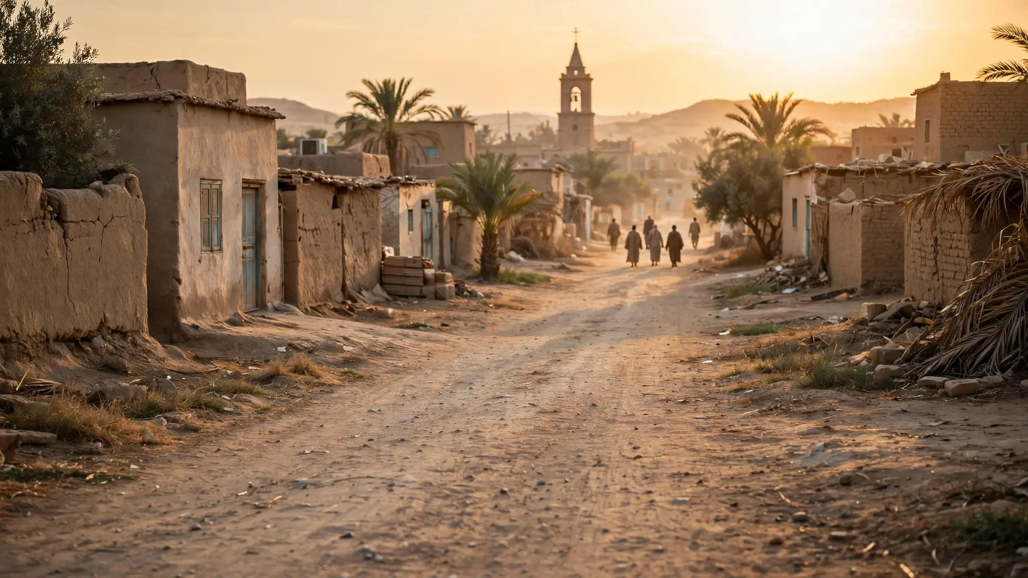 A quiet village street in Egypt at sunset with a church tower in the background and young men standing at a distance