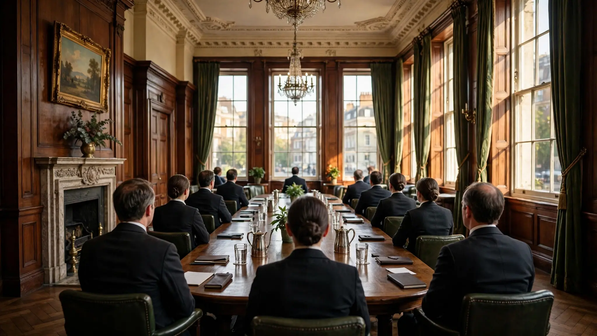 A formal meeting room at Lambeth Palace in London with church leaders seated around a long table in warm afternoon light