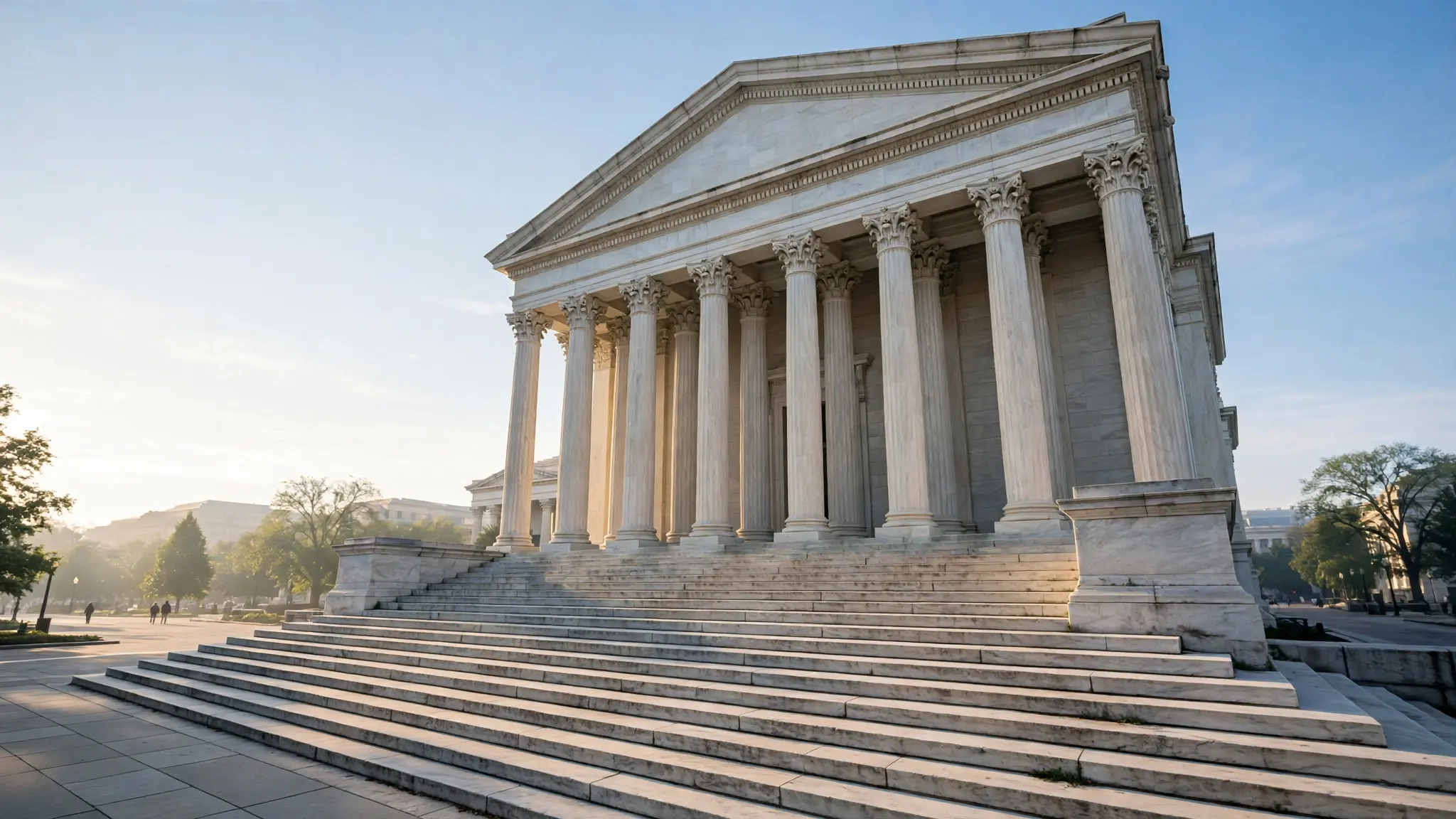 The steps and columns of the United States Supreme Court building in Washington DC in morning light
