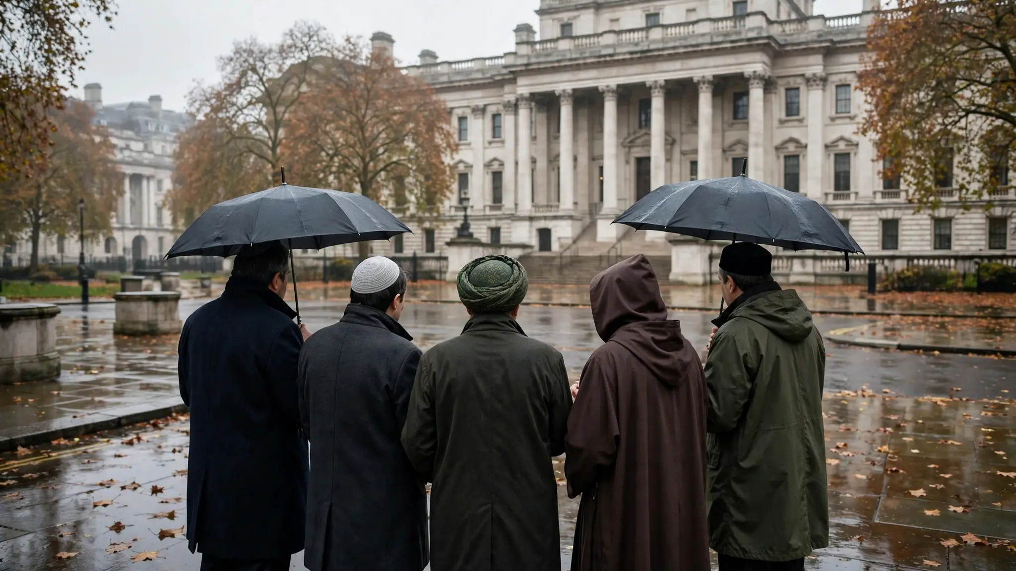Faith leaders gathered at a distance outside a government building in London on an overcast autumn day