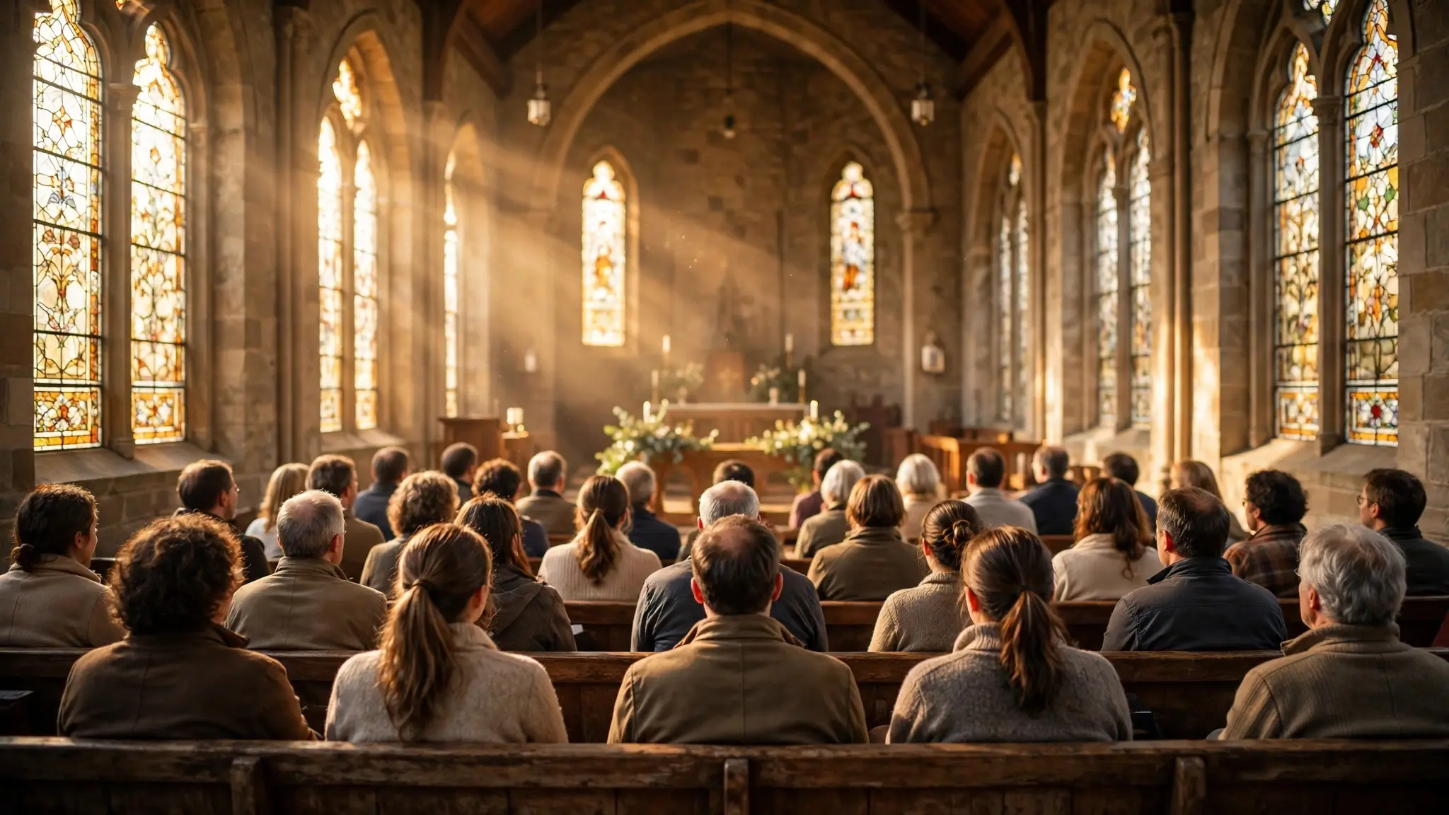A church congregation seated in pews during a Sunday service viewed from the back, with warm light through tall windows