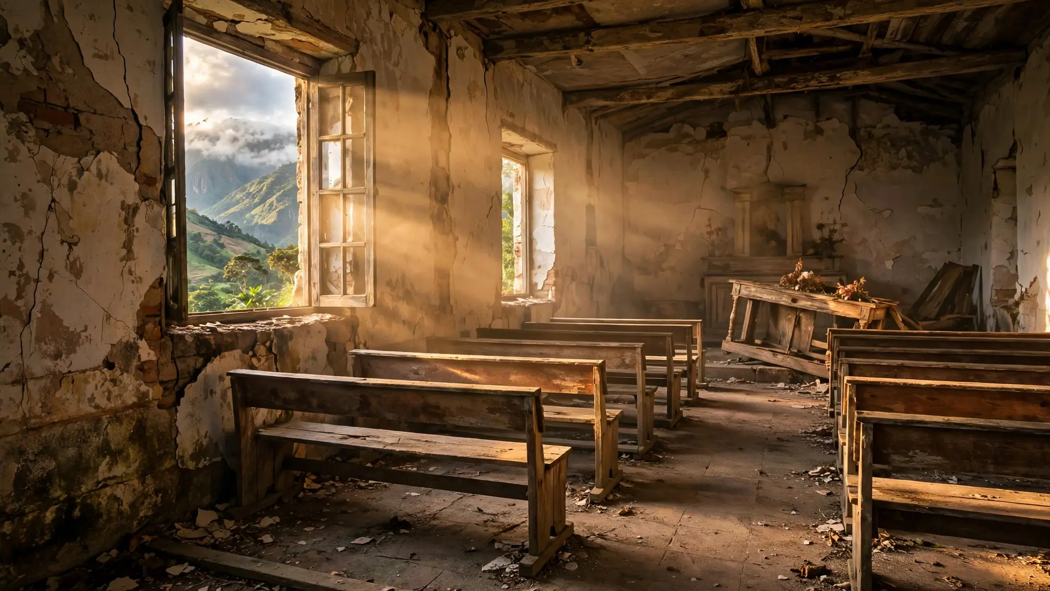 Interior dañado de una iglesia rural en el Catatumbo, con luz entrando por una ventana y bancos vacíos en silencio