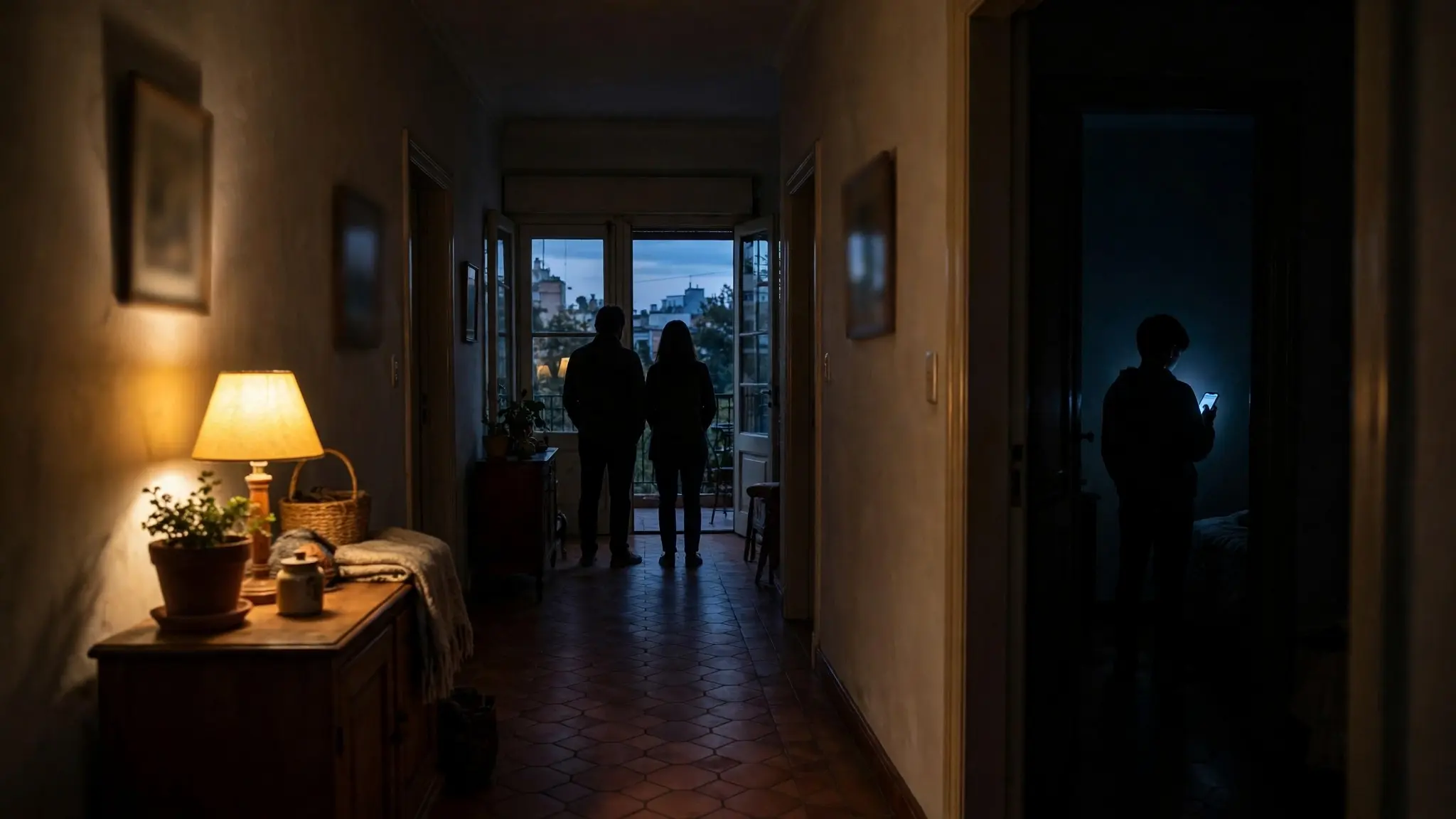 Un adolescente mirando un teléfono en una habitación oscura, mientras sus padres lo observan preocupados desde la puerta
