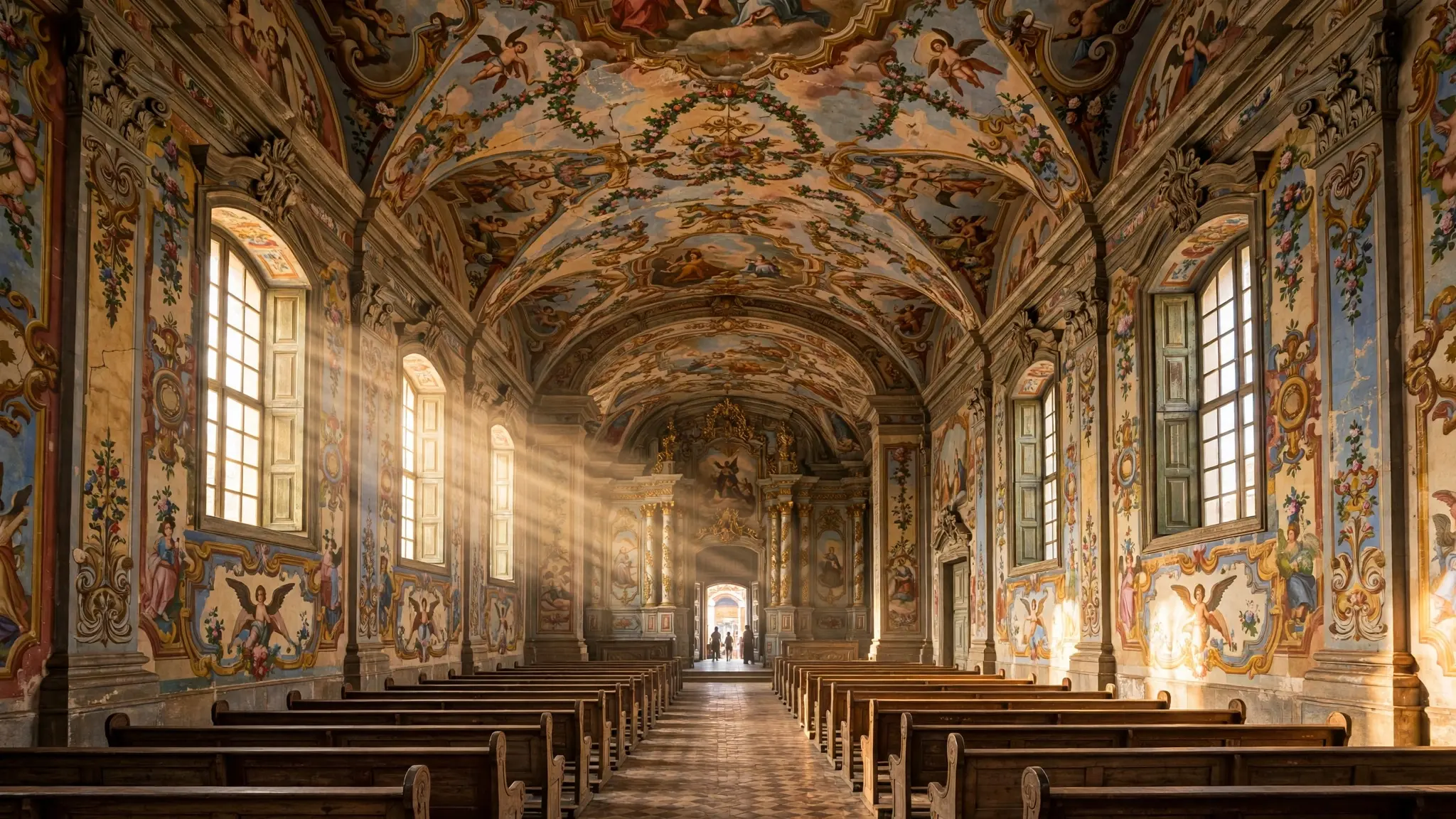 Interior de igreja histórica com afrescos coloridos no teto e luz suave entrando pelas janelas em Tomazina