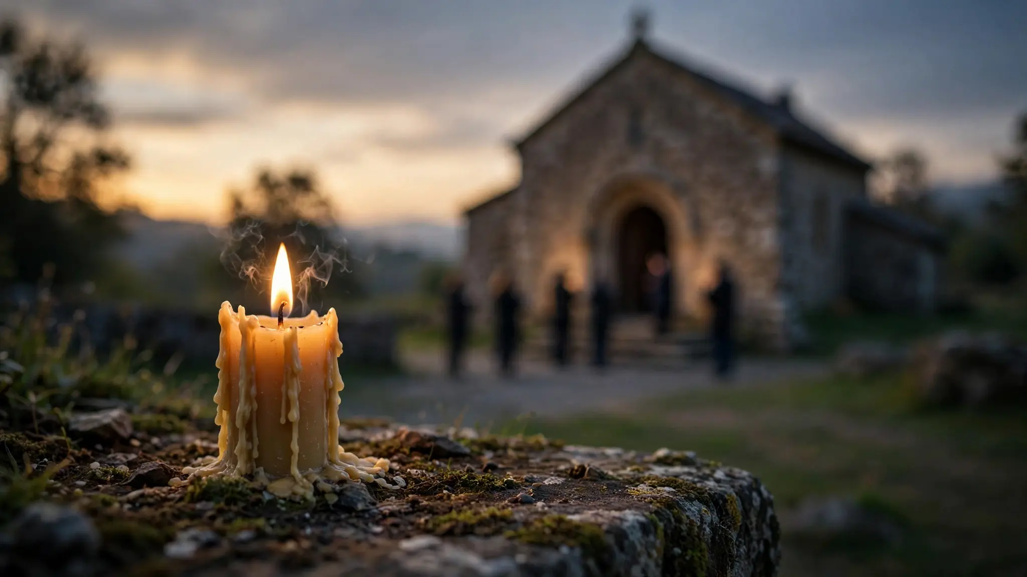 Cierge allumé devant une église au crépuscule, avec des fidèles priant à distance dans une lumière chaude