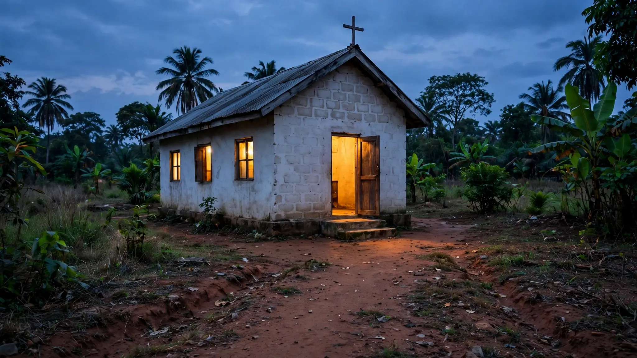 A small church building at dusk in south-west Nigeria, with warm light in the windows and a quiet dirt road leading to its open door