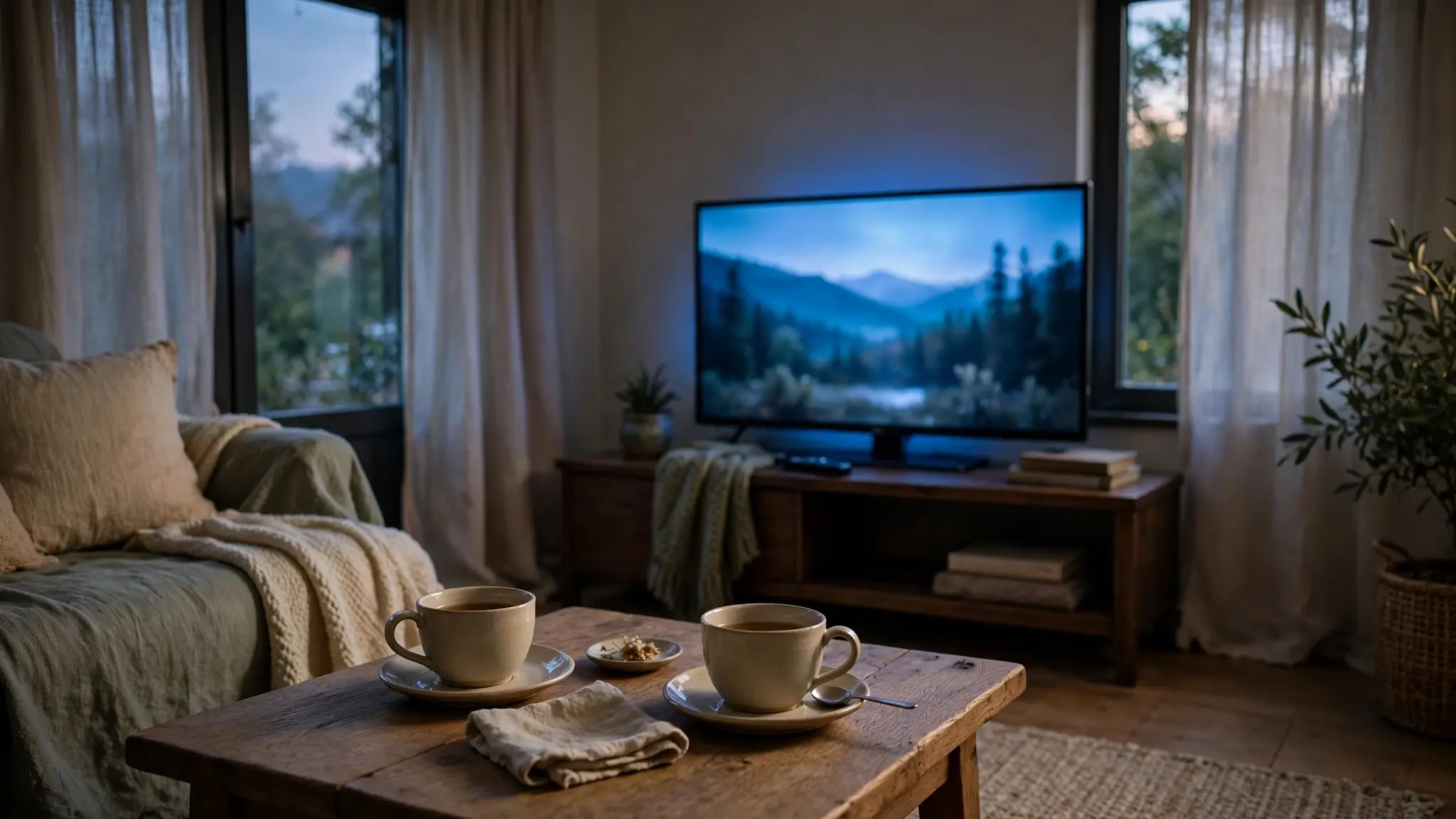 A television glowing in a quiet living room at dusk, with tea cups on a table and soft light through curtained windows