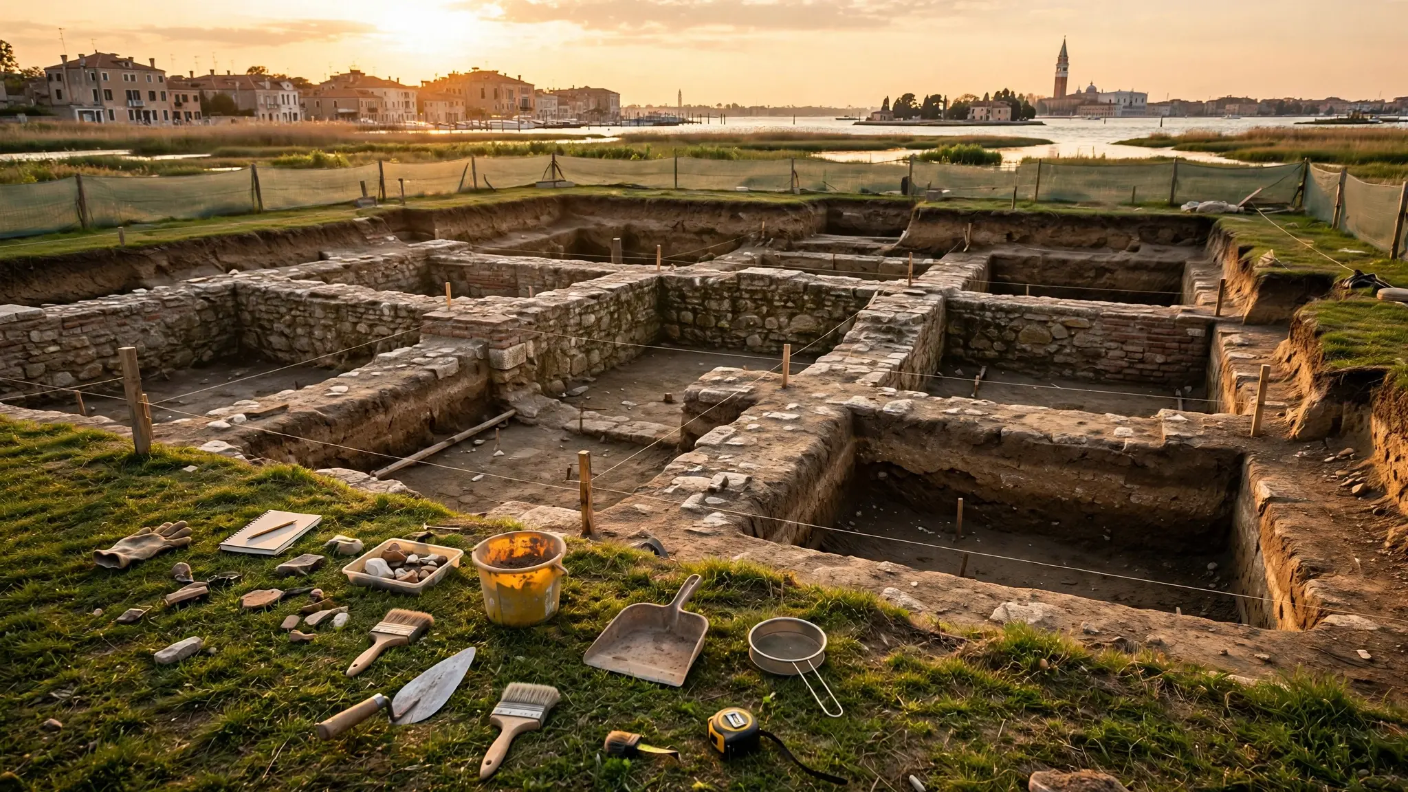 An archaeological excavation near Venice at golden hour, with trenches, exposed stone foundations and tools laid out on the grass