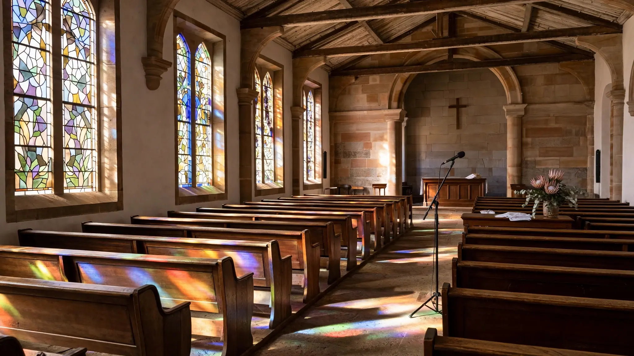 A quiet church interior in Cape Town with sunlight through stained glass falling across empty wooden pews and a microphone stand