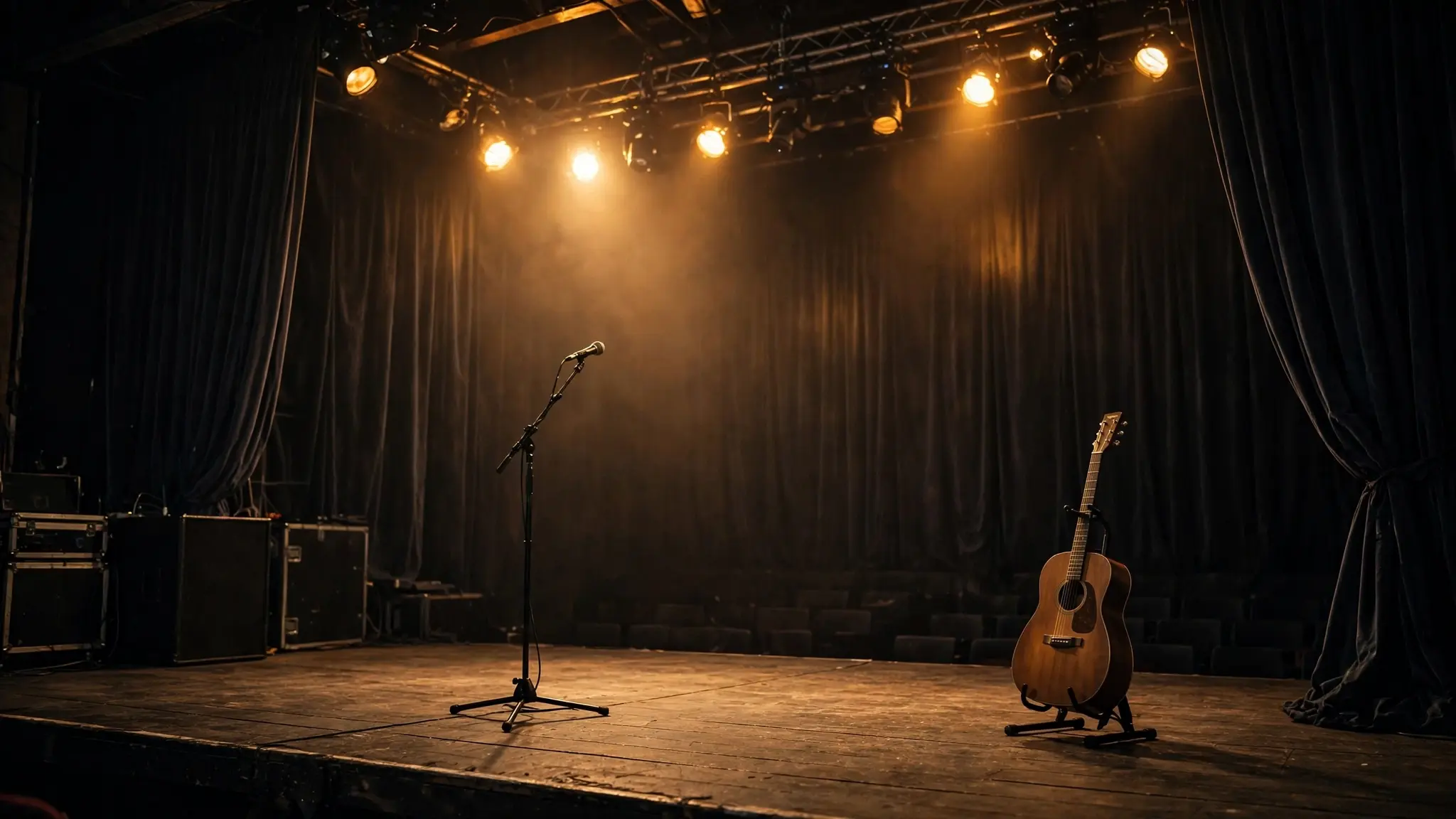 An empty concert stage with a single microphone stand under warm golden lights, with the dark shapes of an audience in front