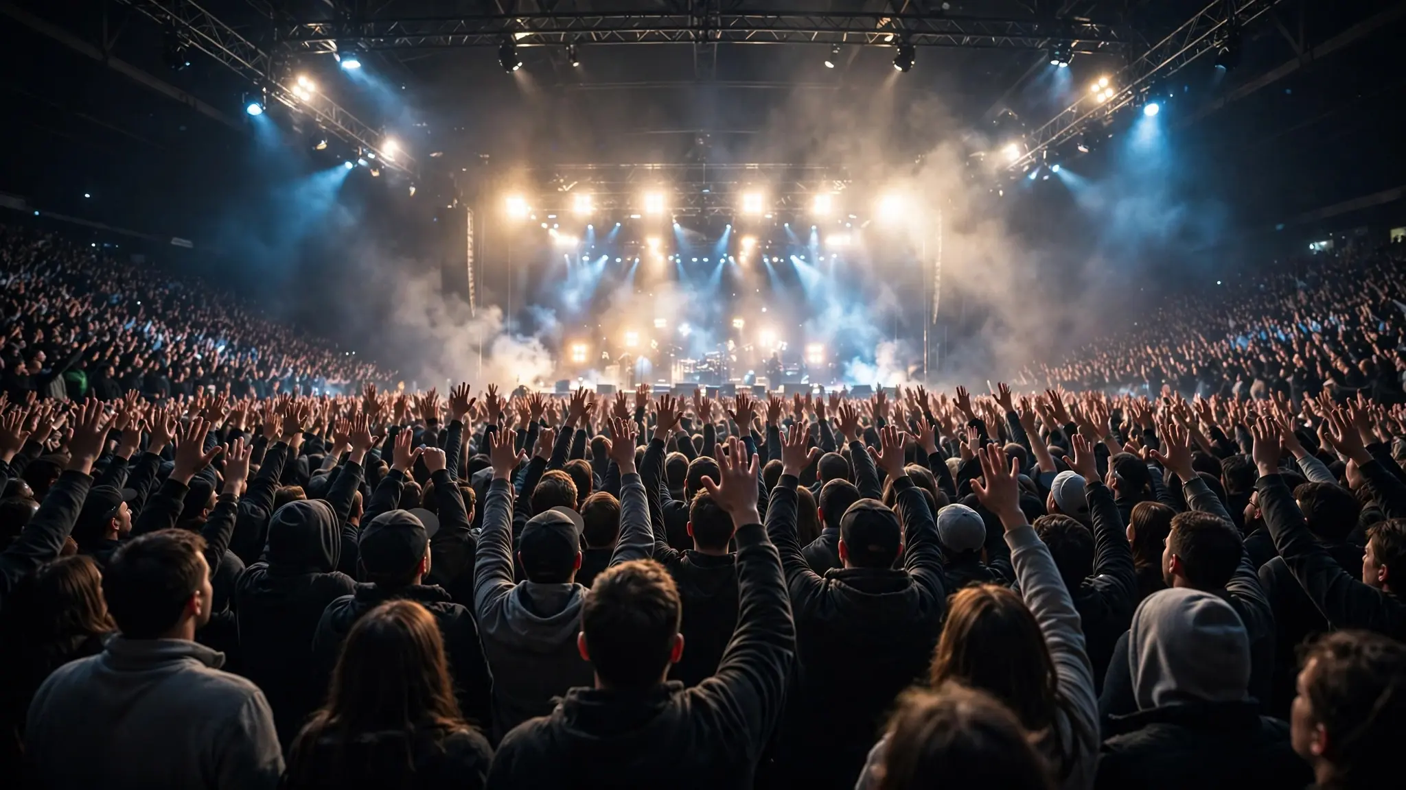 A packed arena concert with thousands of raised hands under bright stage lights, seen from the back of the crowd