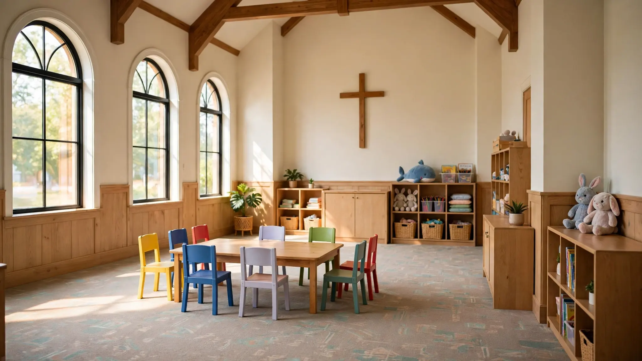 A bright children's ministry room in a large church with small colourful chairs and a low table, empty before a Sunday session