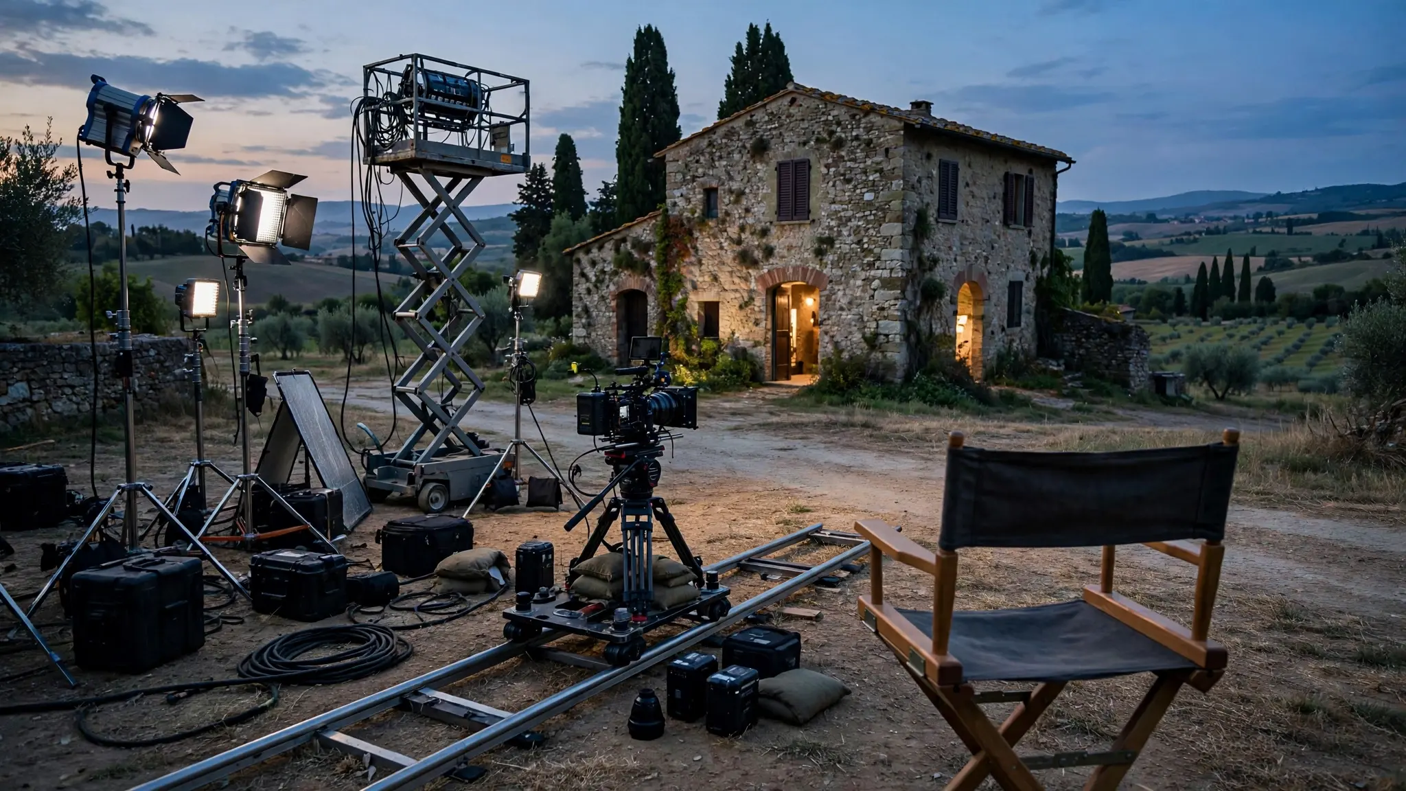 A film set at dusk in the Italian countryside, with cameras, lighting rigs and an empty director's chair facing an old stone building