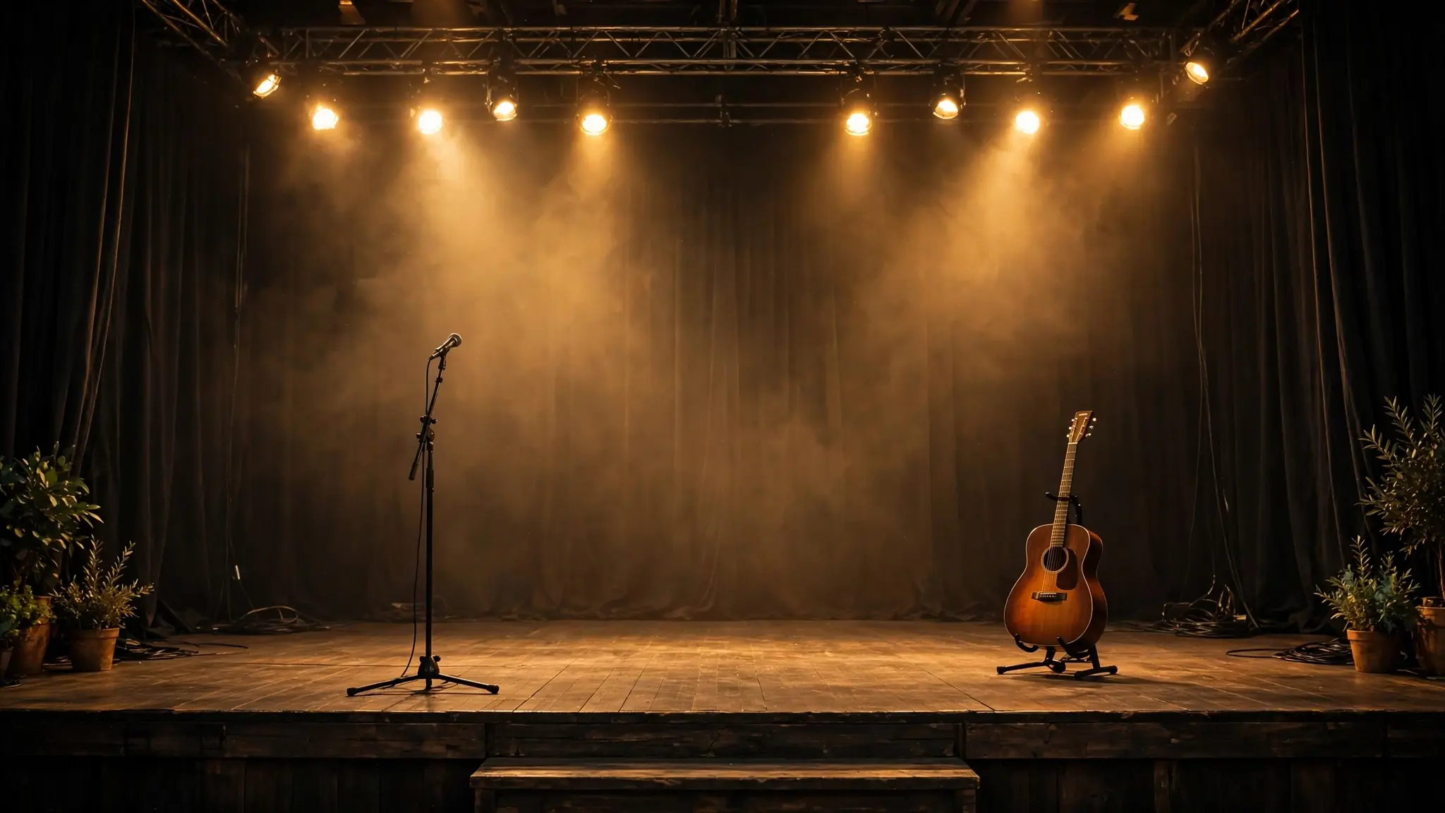 An empty concert stage with golden lights, a microphone stand and a guitar resting on a stand, ready for a worship performance