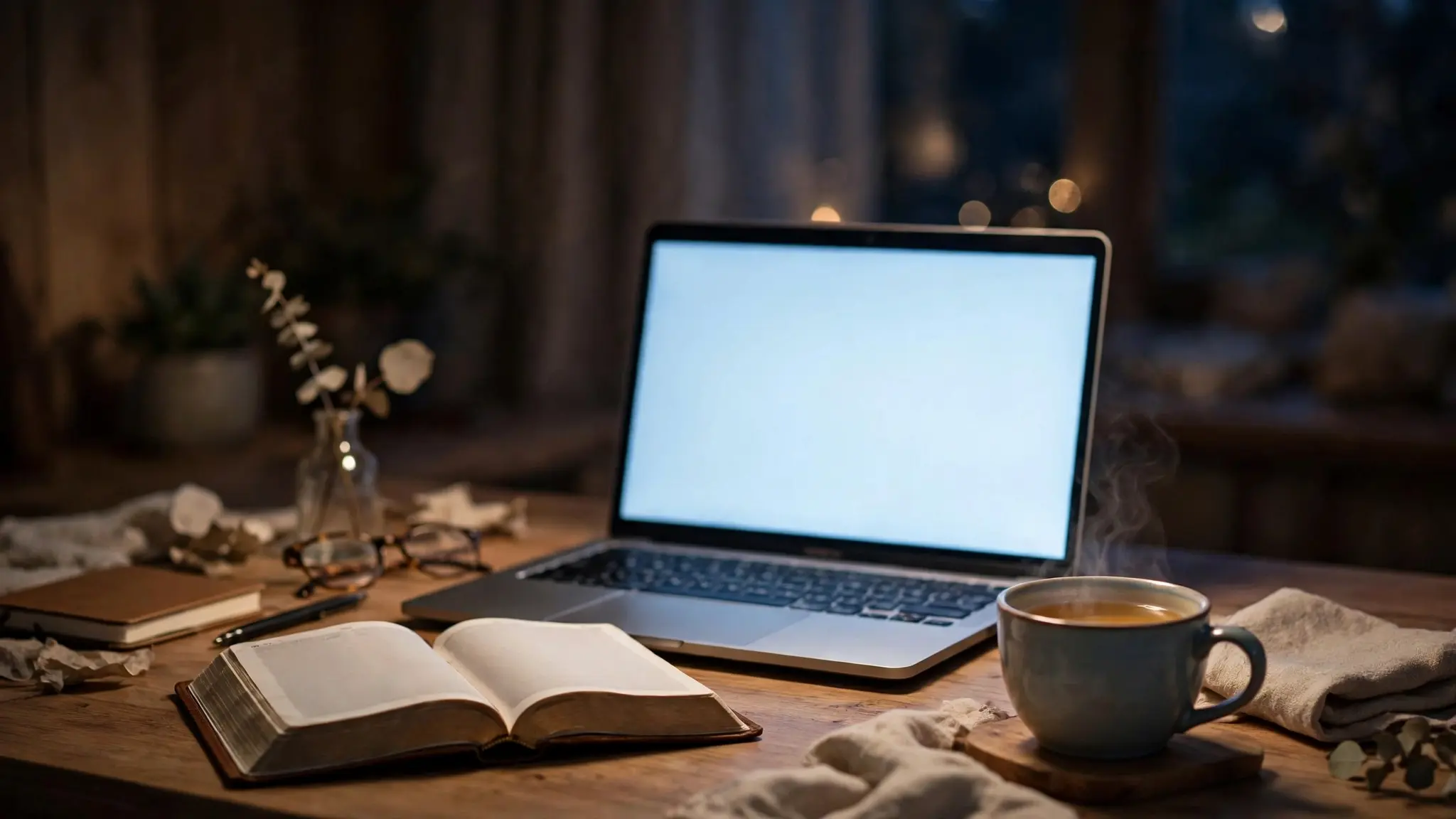 A quiet desk at home at night with an open laptop showing a blank glowing screen, a Bible and a cup of tea beside it