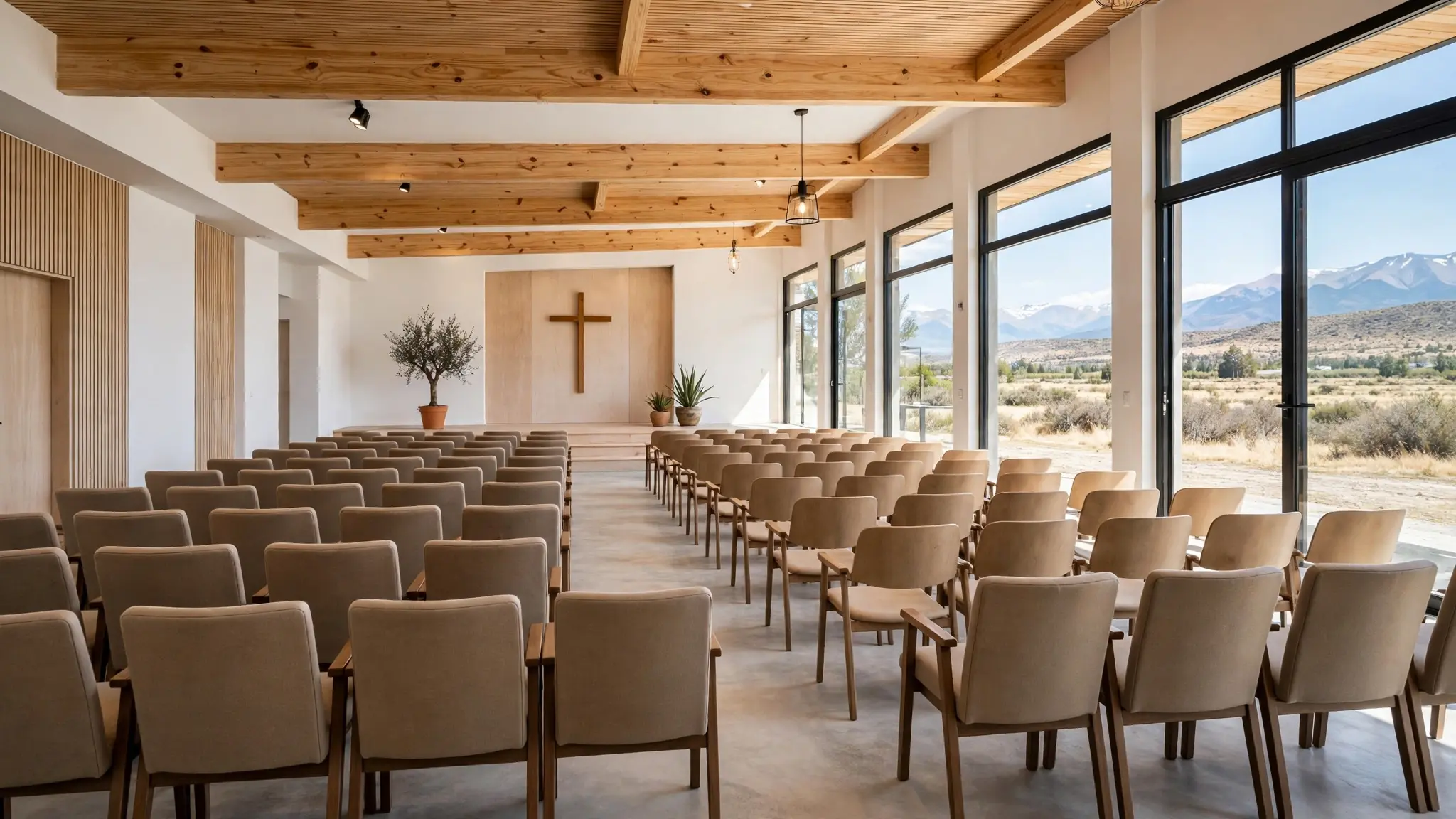 Un auditorio de iglesia moderno y luminoso en Neuquén, con filas de butacas vacías y una cruz sencilla al frente, sin personas identificables