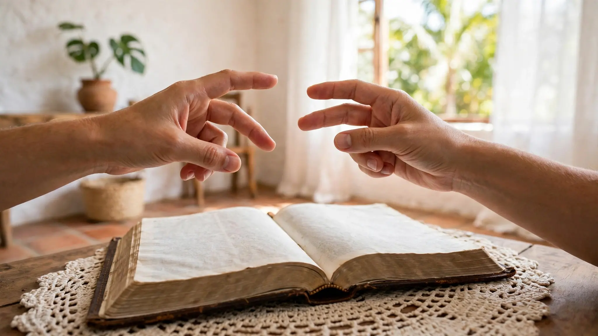 Manos de una persona haciendo señas frente a una Biblia abierta en una sala luminosa de Paraguay, sin rostros visibles