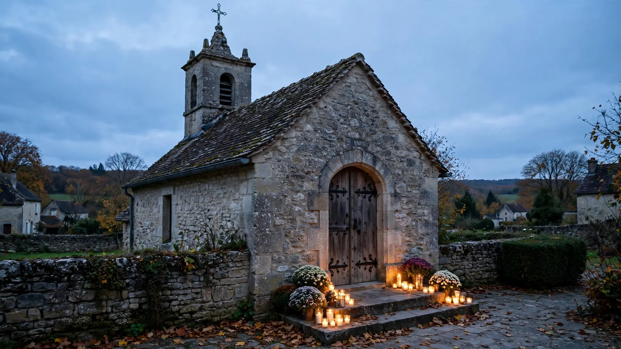 Une église de village en France au crépuscule de la Toussaint, avec des bougies allumées près de l'entrée et un ciel calme, sans personne identifiable