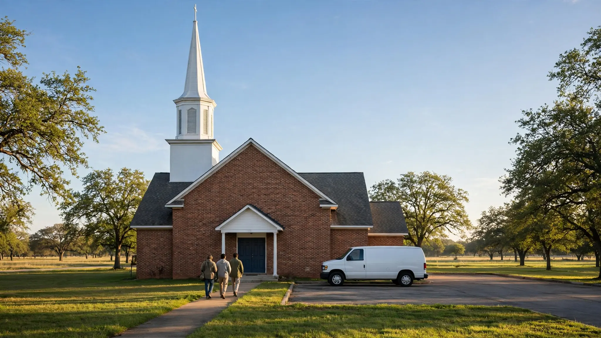 A church van parked outside a Texas church on a Sunday morning, with congregants walking toward it after the service