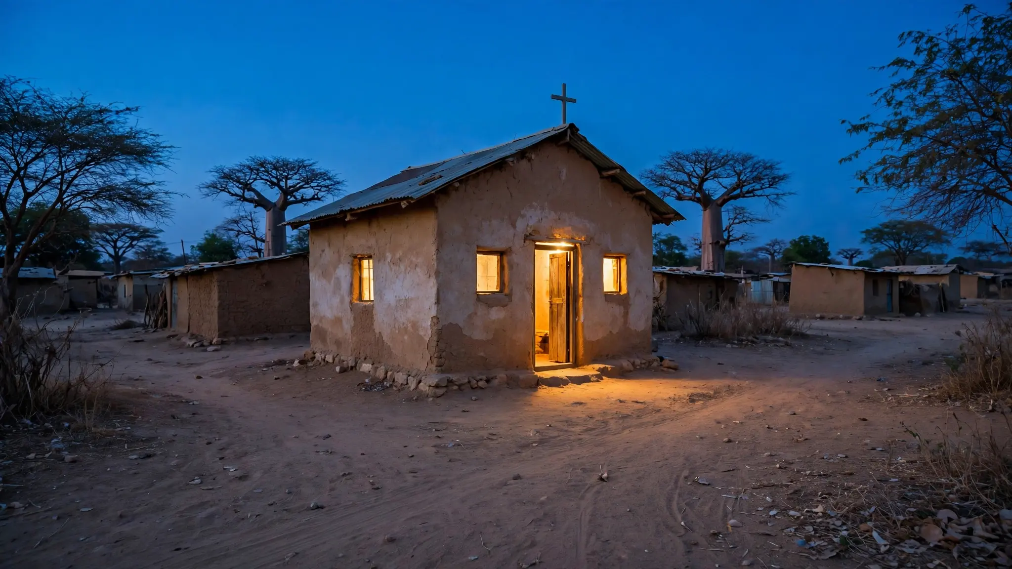 A quiet street in northern Nigeria at dusk, with a police vehicle parked near low buildings and few people outside