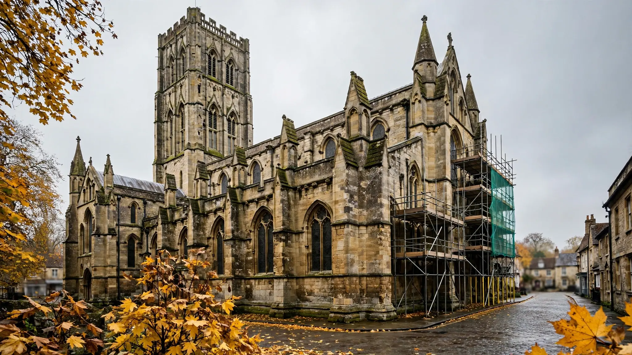 Southwell Minster in Nottinghamshire seen from across a quiet street, its stone towers rising above trees on a grey day