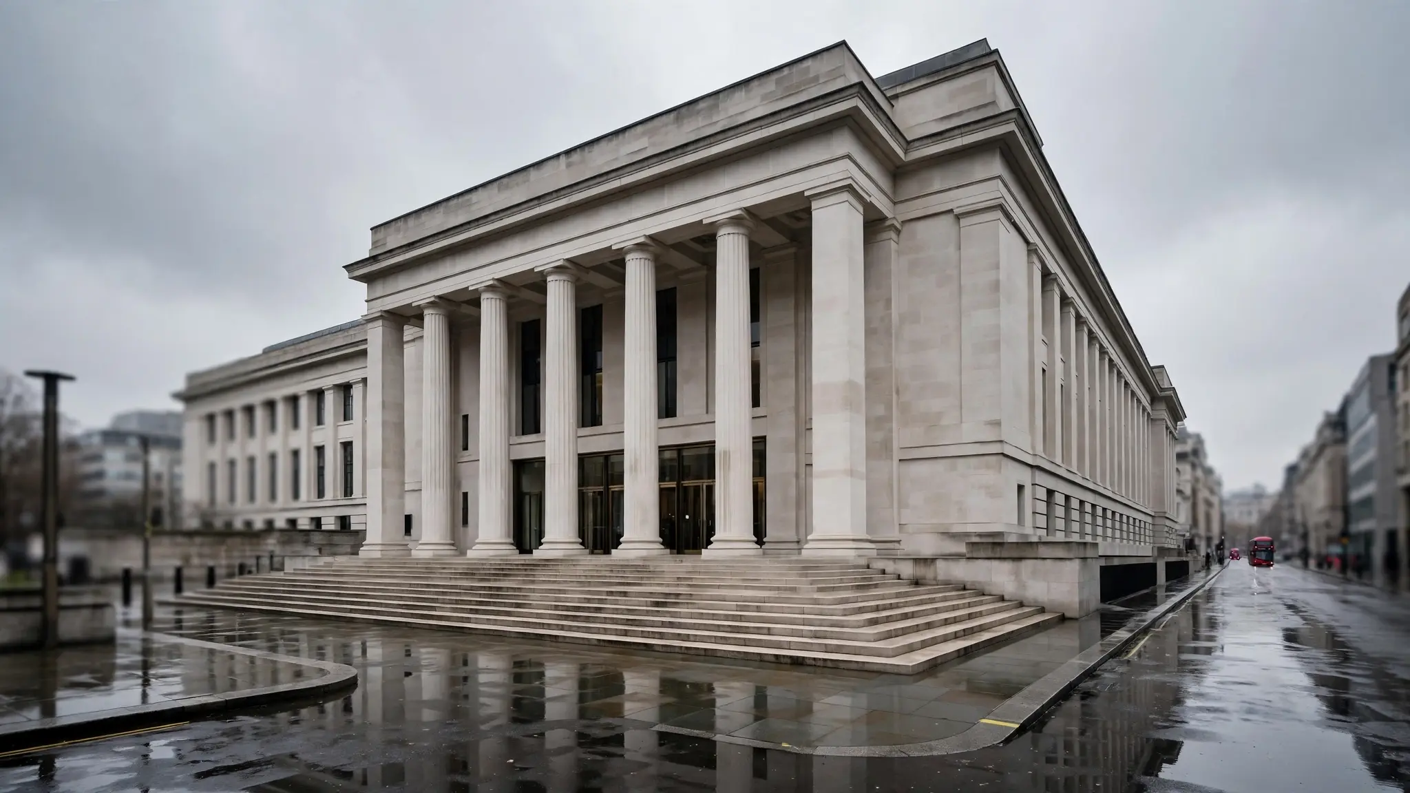 The exterior of Southwark Crown Court in London on a grey day, with people walking on the pavement outside