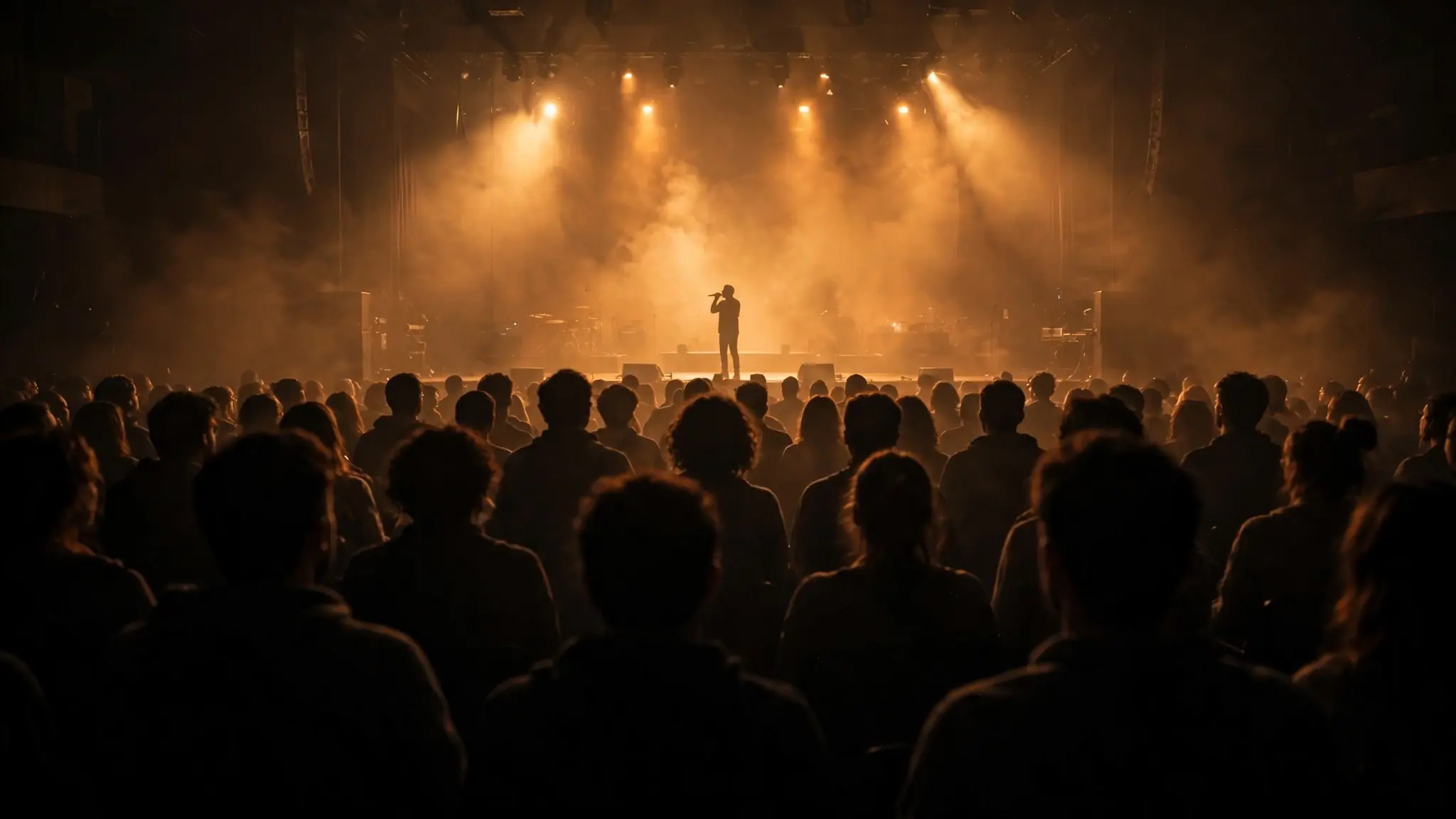 A gospel singer holding a microphone on a warmly lit stage, singing with his eyes closed as soft light falls across the room